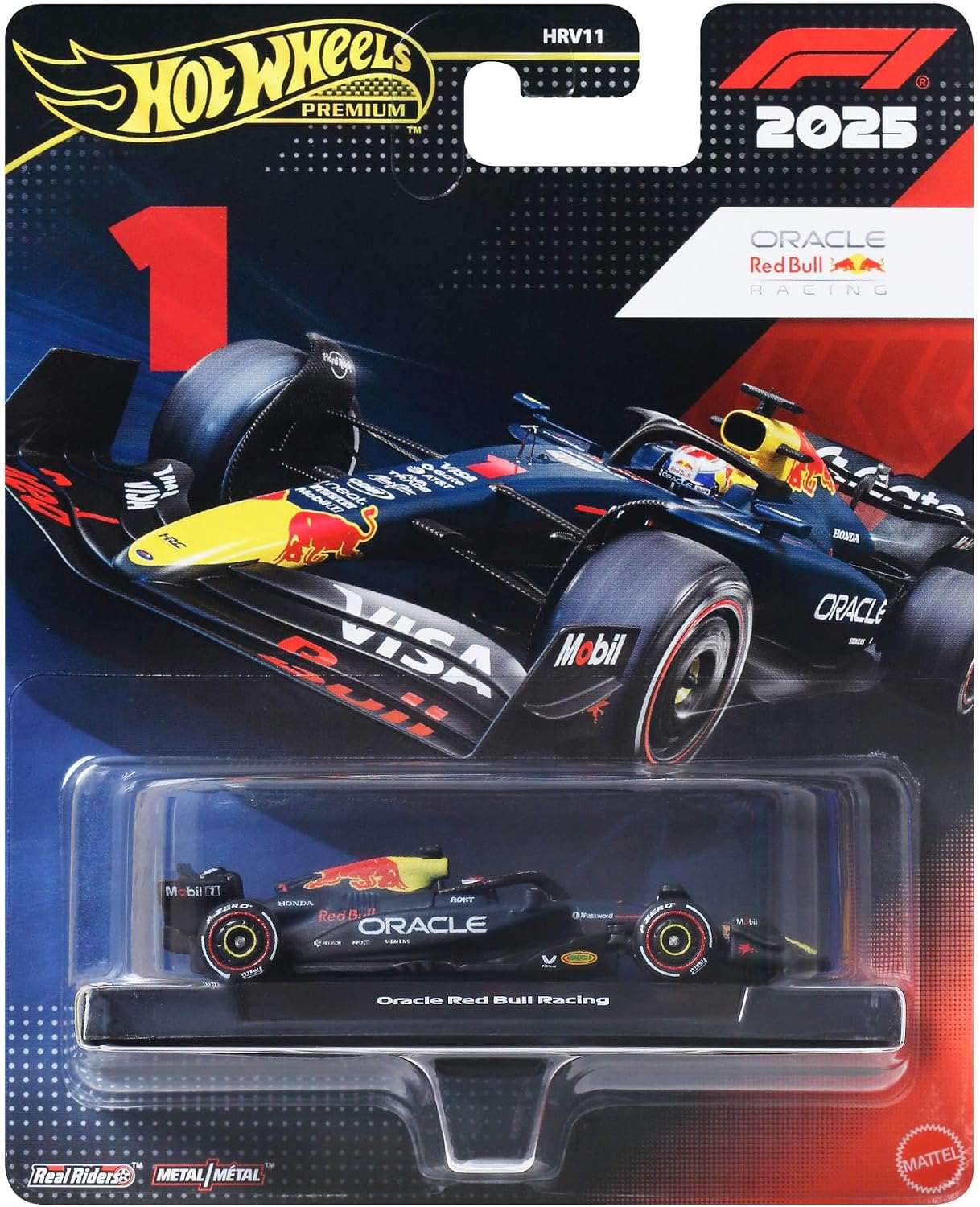 Hot Wheels Premium Formula 1 Oracle Red Bull Racing MAX Verstappen #1, Coche de Carreras metálico a Escala 1:64 con neumáticos Real Riders y carrocería metálica, JKD83