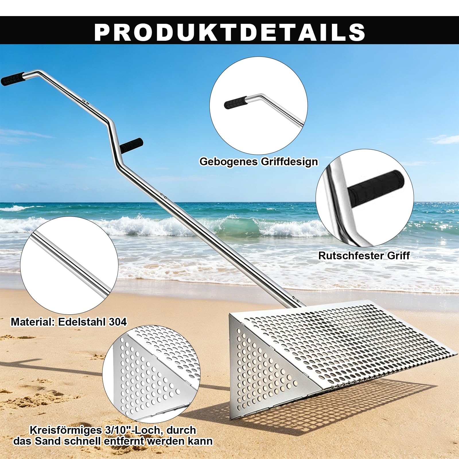 Colador de arena para playa de acero inoxidable con mango largo extraíble | Cubo plegable, pala y red, juego de rastrillo de arena para playa, pesca, camping y exterior