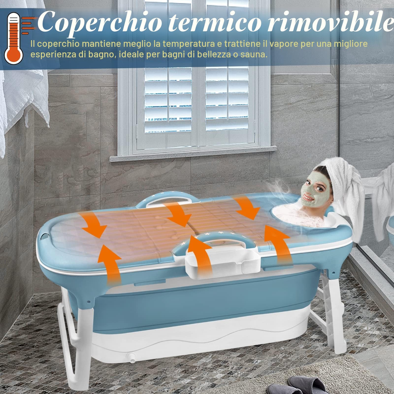 LARS360 Vasca da bagno pieghevole per adulti - Vasca da viaggio pieghevole con coperchio rimovibile - Porta sapone, rulli massaggianti, vasca mobile per piccola stanza da bagno (118 x 62 x 53 cm)