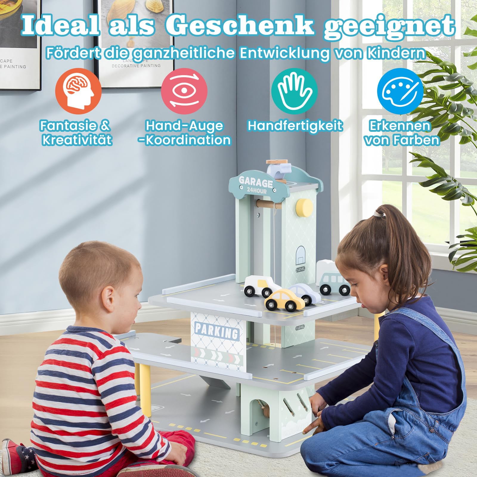 COSTWAY Parkhaus Holz, Parkgarage mit 3 Etagen & 4 Autos & Aufzug, Autogarage Spielzeug für Kinder ab 3 Jahren