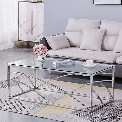 Voohek Mesa de centro de cristal de acero inoxidable plateado moderno escritorio de cóctel para sala de estar hogar muebles elegantes decoración de