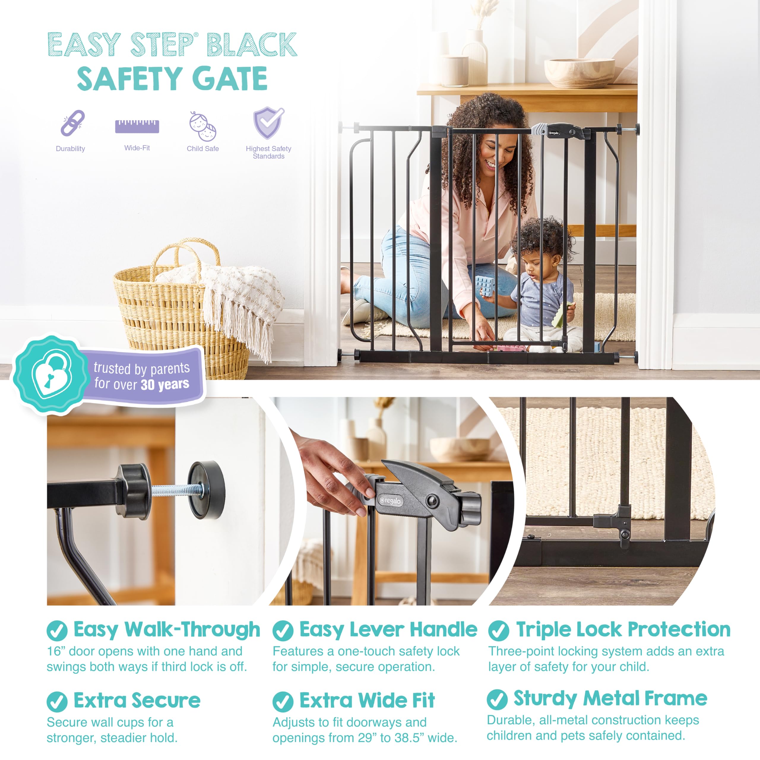 Regalo Safety Easy Step Baby Gate for Doorways & Bottom of Stairs, Fits Openings 73.6-95.5cm (Extension Included) Pressure Mounted for Babies, Toddlers & Pets, Black