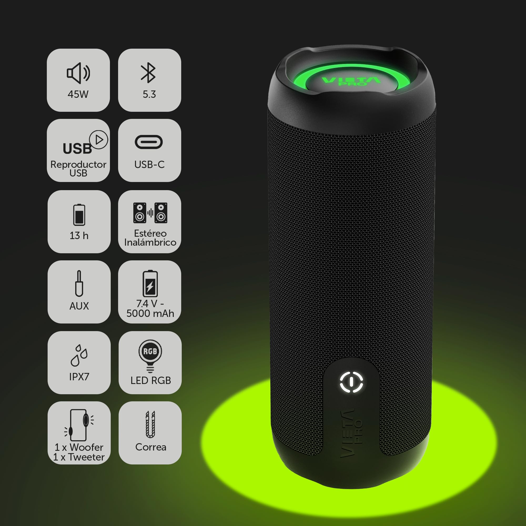 Vieta Pro Altavoz Pequeño Bluetooth 5.3 Potente, Resistente al Agua, 13H de Batería y Micrófono. Altavoz Portátil Grande True Wireless, Aux In, USB, Asistente de Voz y Sistema de Luces | Upper 4