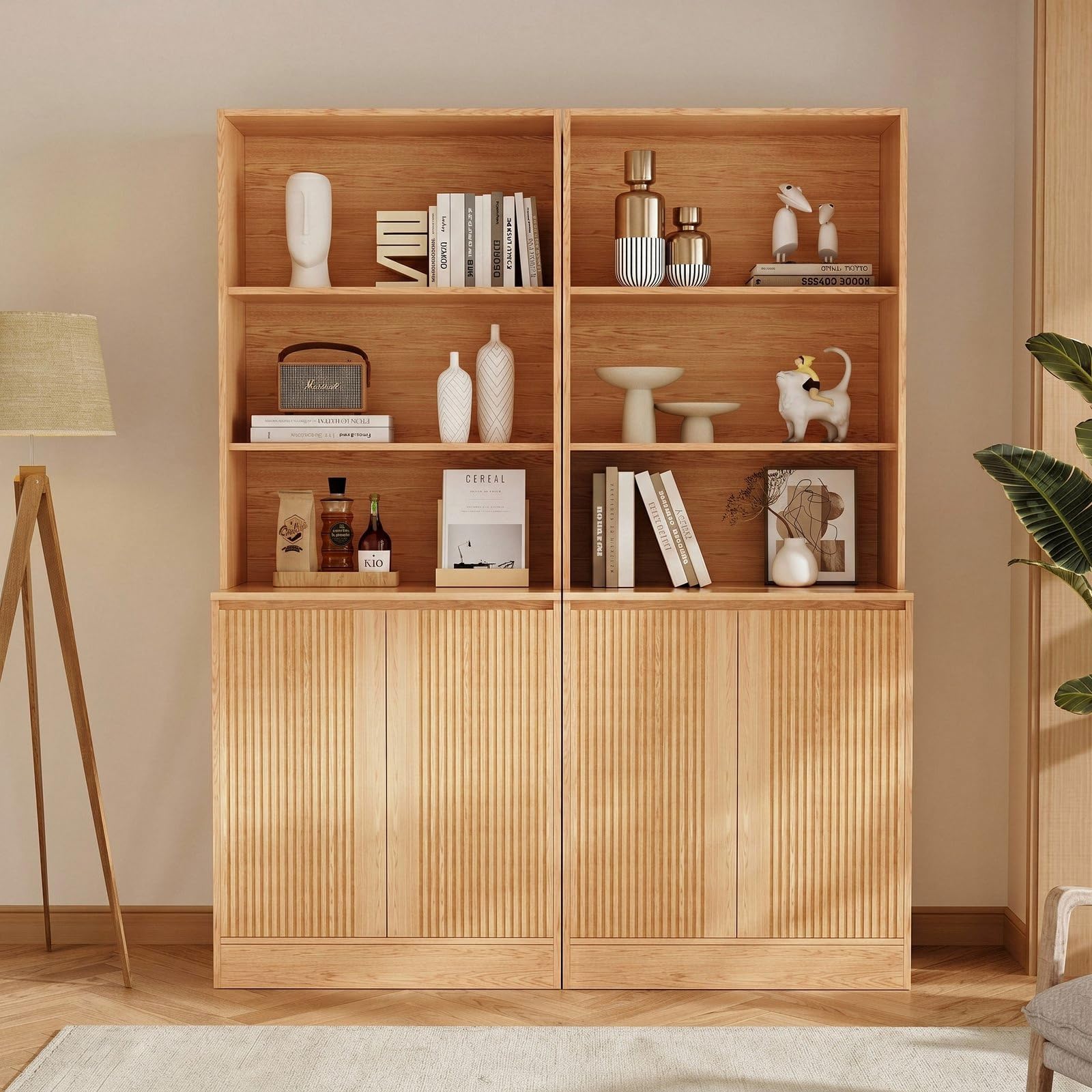 VOWNER TV-Schrank mit Bücherregal, 240cm B Großer Fernsehschrank, TV-Board Set für TV bis 50 Zoll, Wohnwand mit Arbeitsplatte für Wohnzimmer & Esszimmer, Holzfarbe (4PCS)