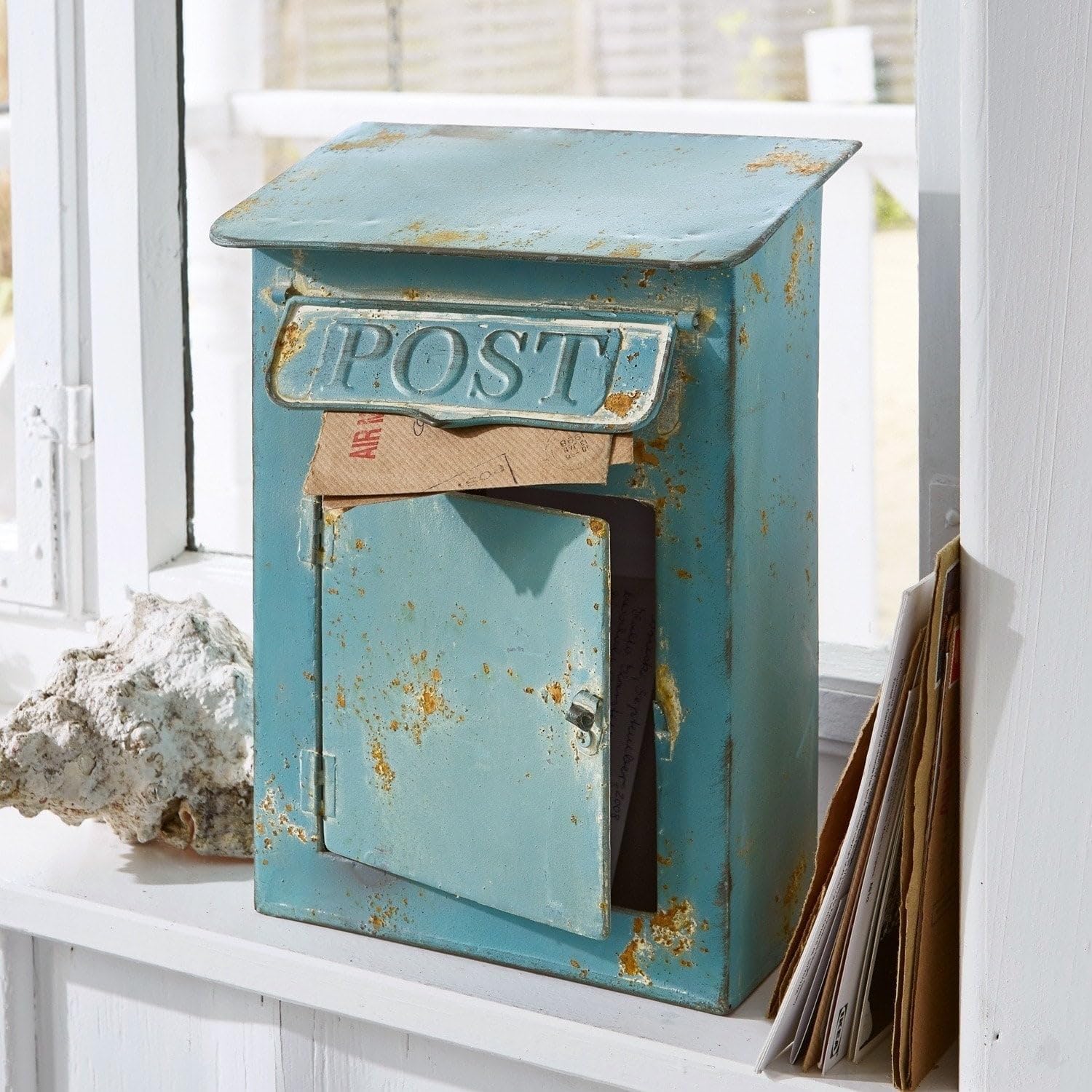 Loberon Boîte Postale Boîte aux Lettres décorative - avec Porte et Rabat - Métal à l’Effet Vieilli, Bleu Vieilli