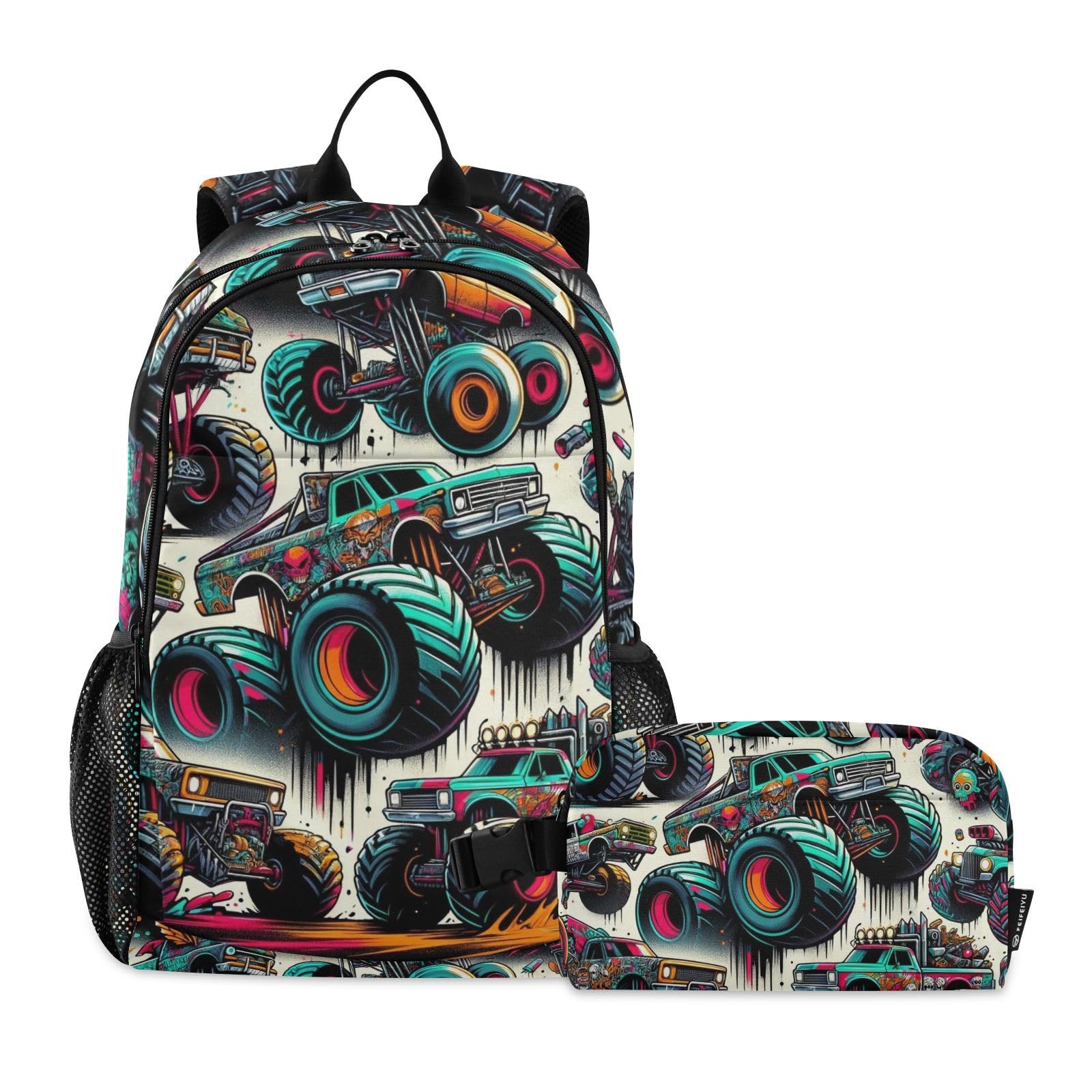 ALAZA Monster Trucks Graffiti Backpack and Lunch Bag Set for Boys Girls School Bookbag Cooler Kits