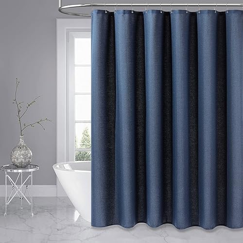 Miniatura 6 de Dynamene Cortina de ducha azul marino  Cortinas de ducha de tela gruesa resistente de tejido gofre para baño, 256GSM Hotel Spa Juego de cortina de