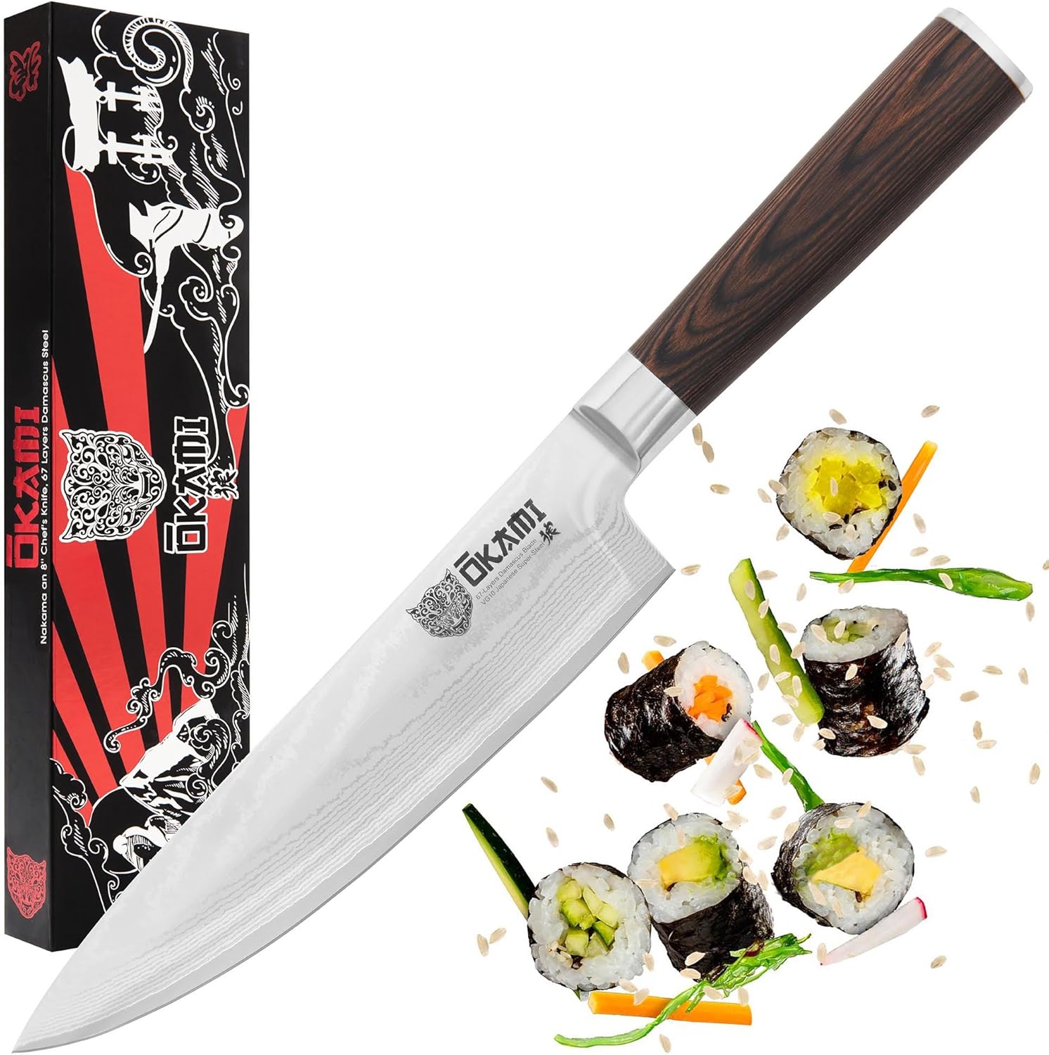 CHEF KNIFE 8" Japanese Damascus Stainless Steel, High Carbon Sharp Kitchen Cutlery, Light & Ergonomic Gyuto