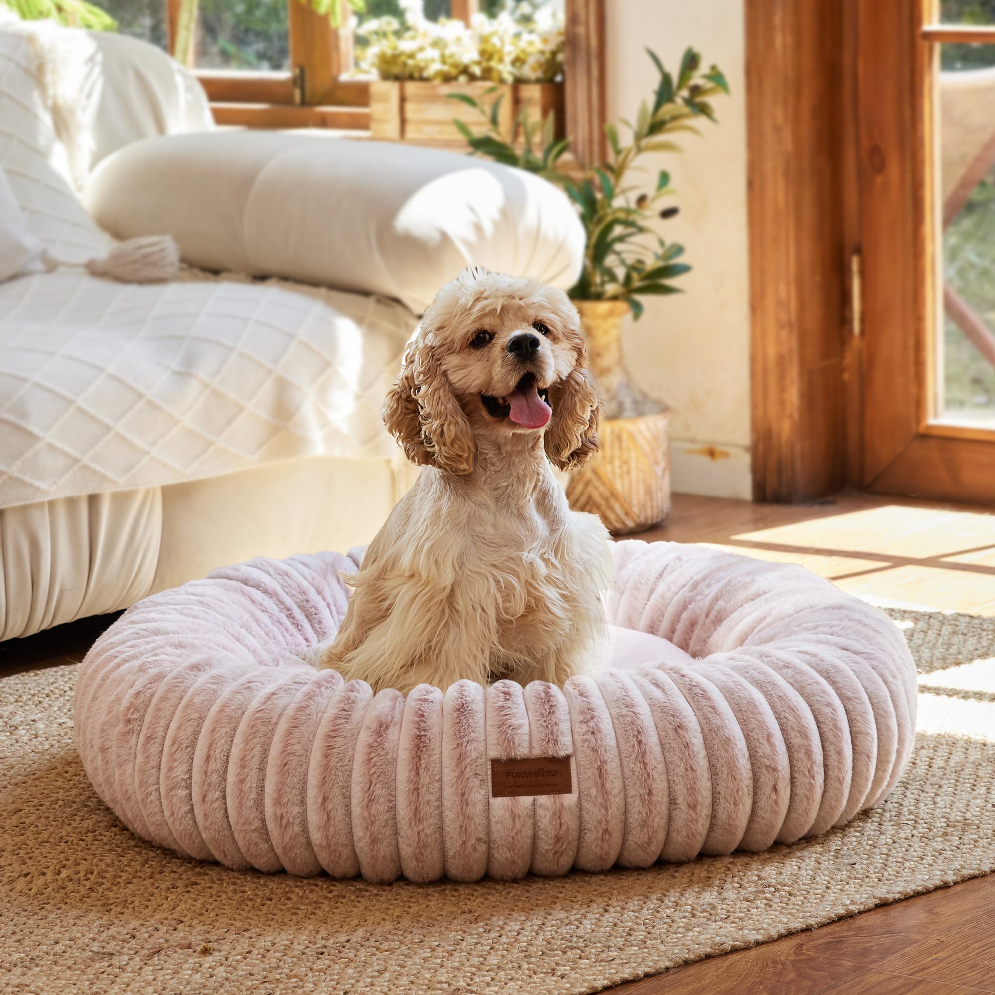 FUKUMARU Cuccia Cane Interno, Letto Ortodontico per Cane Grande, Letto a Ciambella per Cuccioli Ansiosi, Copertura Lavabile, Design Moderno con Sfumatura. 76cm, Rosa