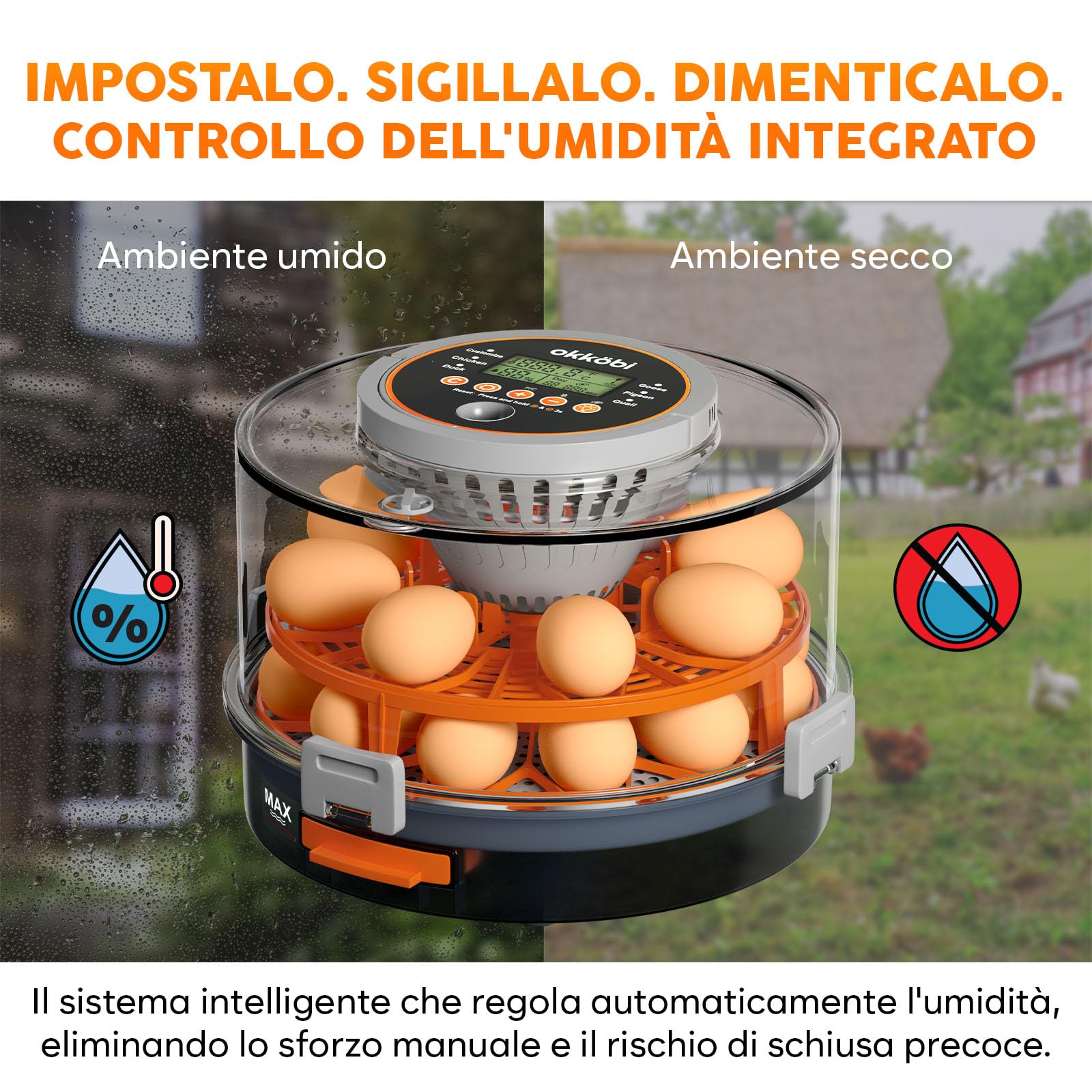 Incubatrice per uova automatica Okköbi – Incubatrice per 12 o 20 uova gallina – Controllo automatico temperatura e umidità – Gira uova – Luce per test uova – Facile da usare