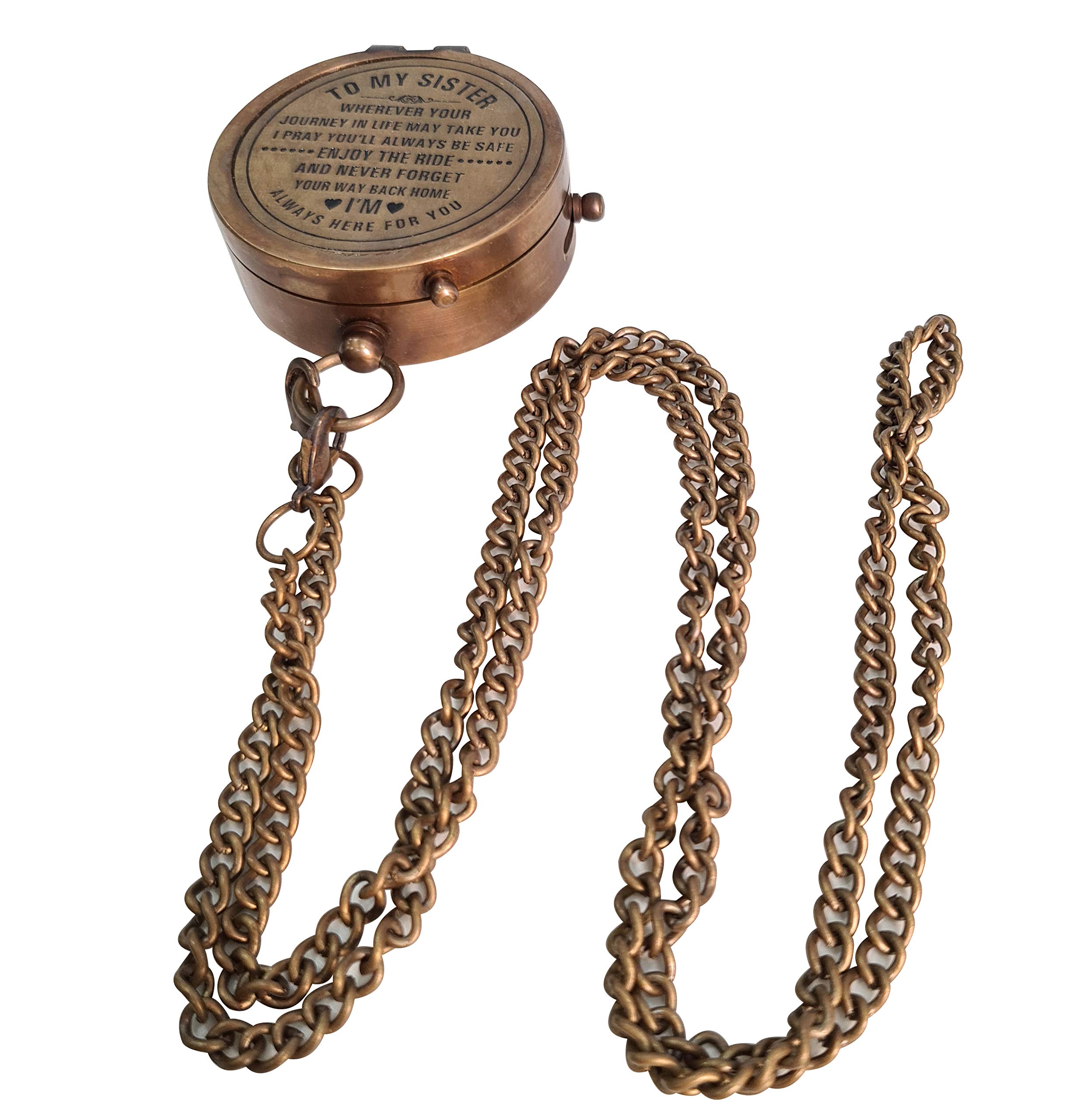 Engraved Pocket Compass with Detachable Chain for My Sister Handmade Brass Vintage Nautical Navigation Gift for Hiking Camping Adventure Keepsake