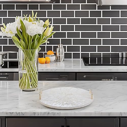 Miniatura 7 de PEMAR Bandeja decorativa de madreperla para mostrador redondo de 13 pulgadas y bandeja para servir con asas doradas, tocador, perfume, baratija para