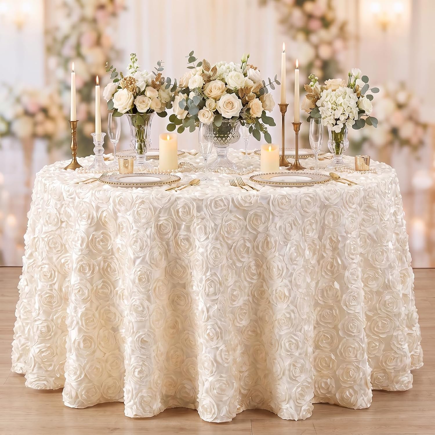 Ivory Rosette Wedding Tablecloths 90" Round Birthday Party Table Decoration
