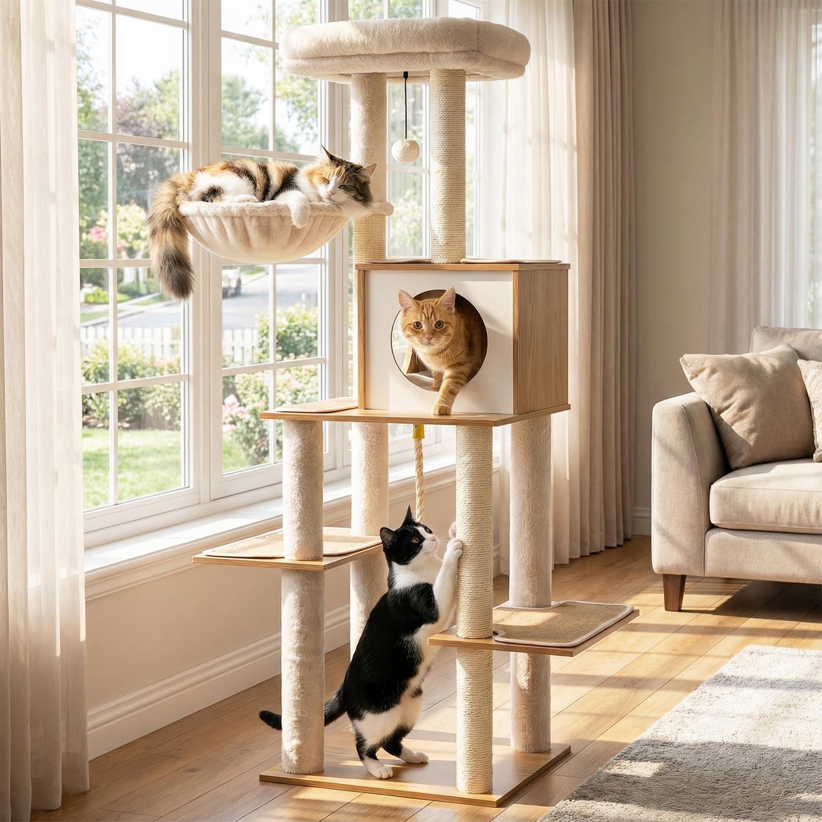 COSTWAY Albero per Gatti Moderno Alto 148 cm, Tiragraffi per Gatti con Tiragraffi in Sisal, Condo, Ampio Trespolo, Cesto, Giocattolo, Moquette e Cuscini Lavabili, Grande Torre da Arrampicata in Legno