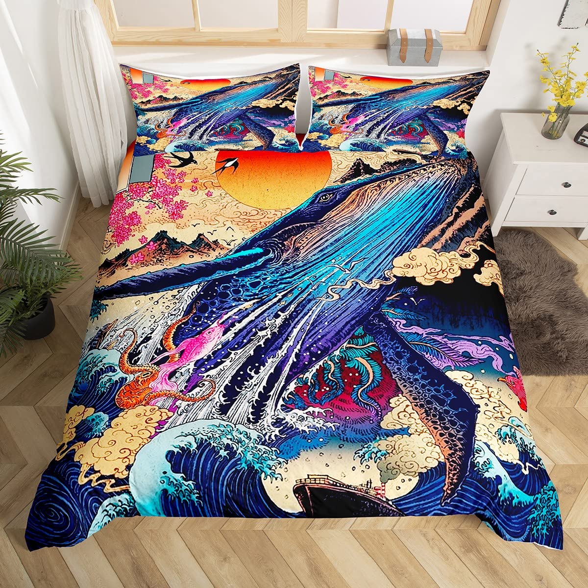 Parure de lit ukiyoe avec housse de couette unique motif baleine bleu