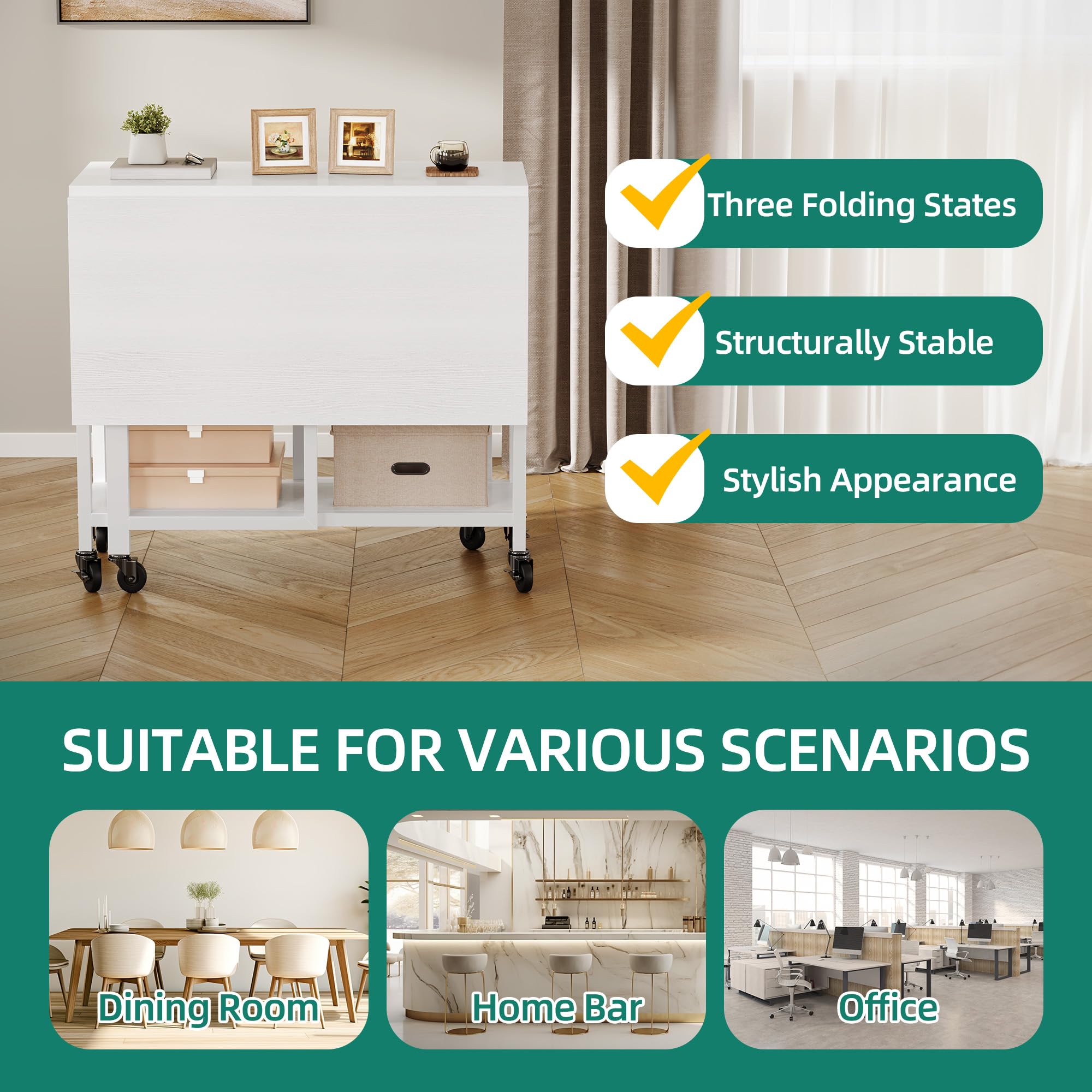 YITAHOME Table de Salle à Manger Pliante Mobile avec 6 roulettes et tiroirs de Rangement pour Petits espaces, Cuisine, Salle à Manger, Blanc