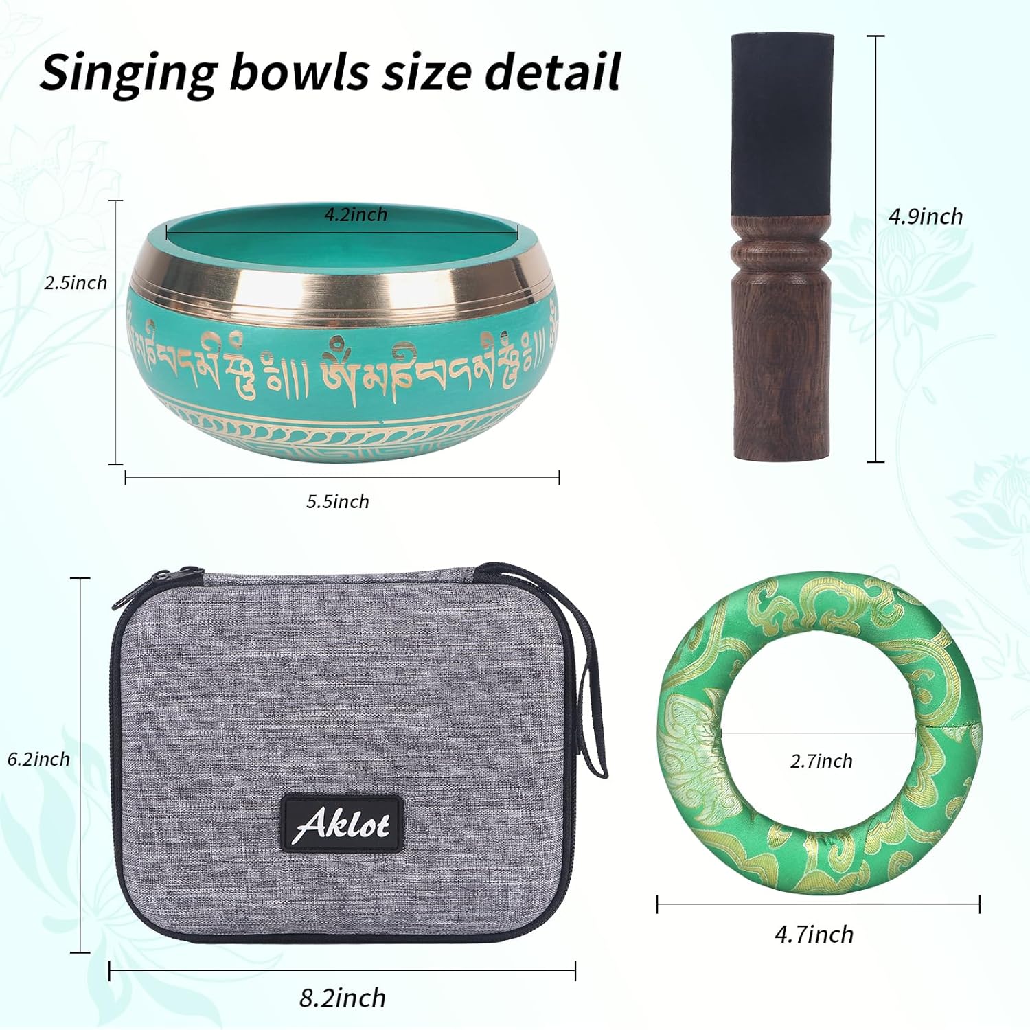 Kmise Tibetan Singing Bowls Set- Handmade in Nepal Meditation Sound Bowls for Yoga, Meditation, Mindfulness, Healing and Chakra Balancing, Stress Relief (5', Green)
