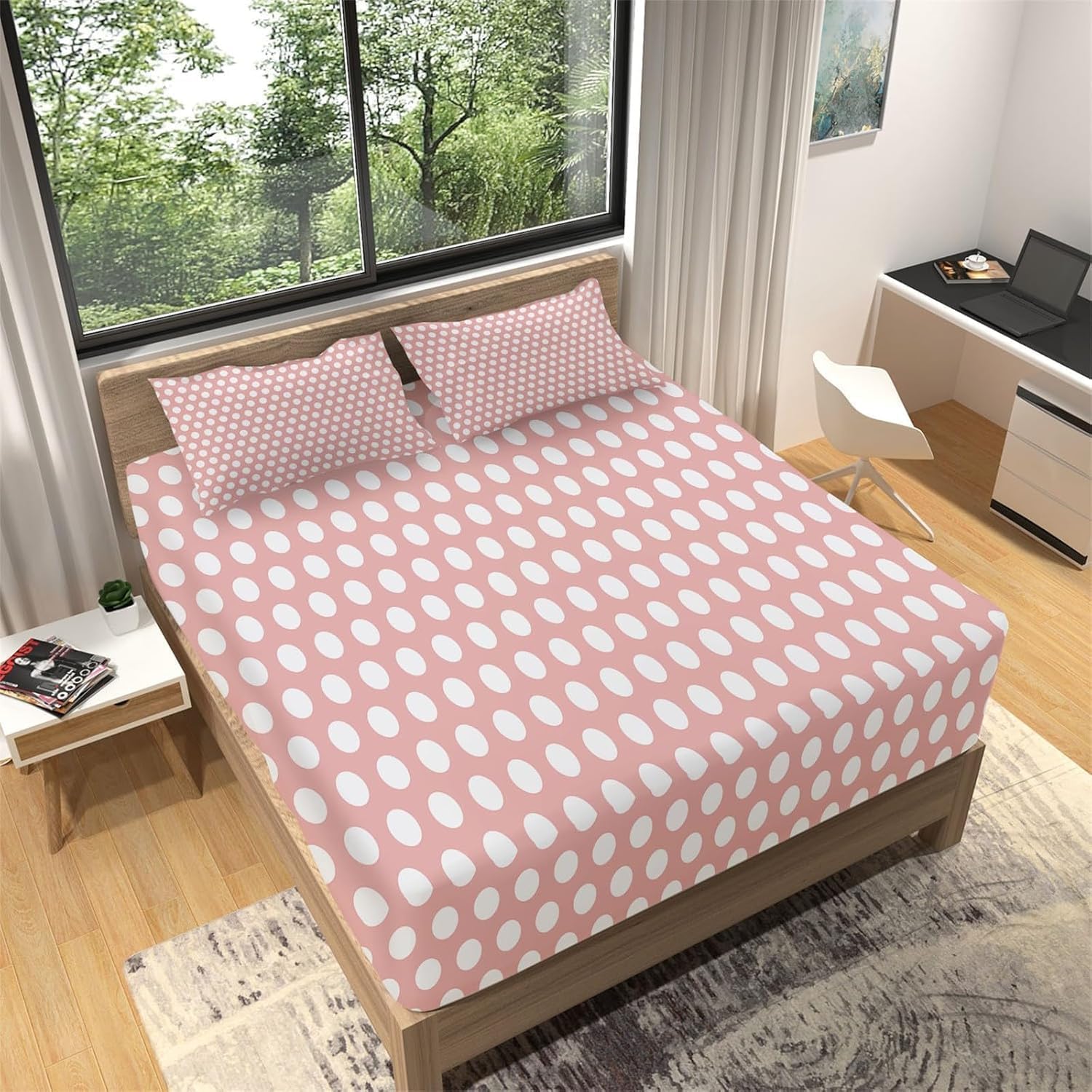 Sábana Bajera Ajustable 180x200 Lunares Sábanas de Microfibra Rosa Funda de Colchón Sábana con Elástica Bolsillo Profundo 30 cm Sabanas Cama 180 XCW3864