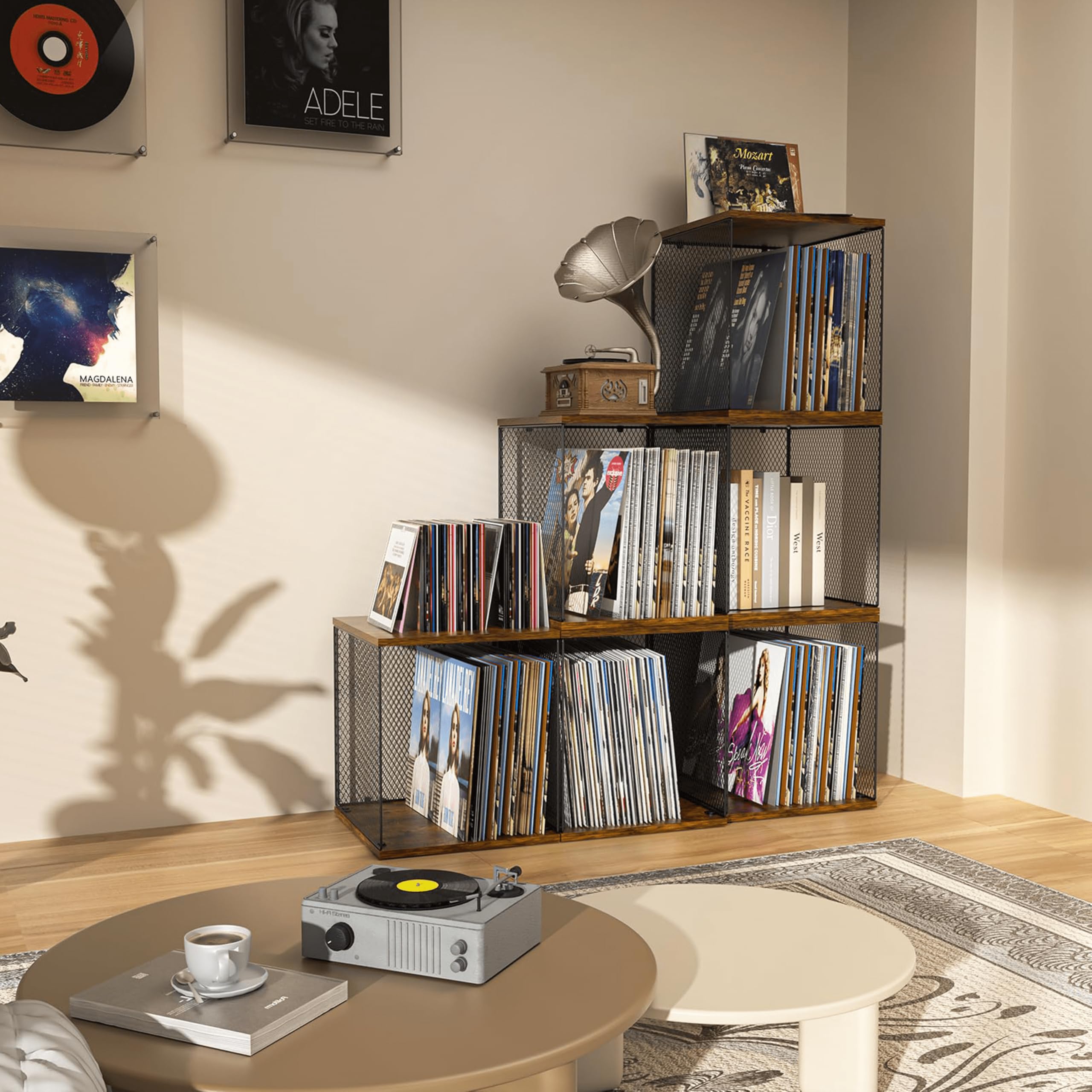 Honkazita 1 mueble de almacenamiento de discos de vinilo | Modular apilable, capacidad de álbum de vinilo 40-55, visualización de almacenamiento, caja organizadora de madera natural