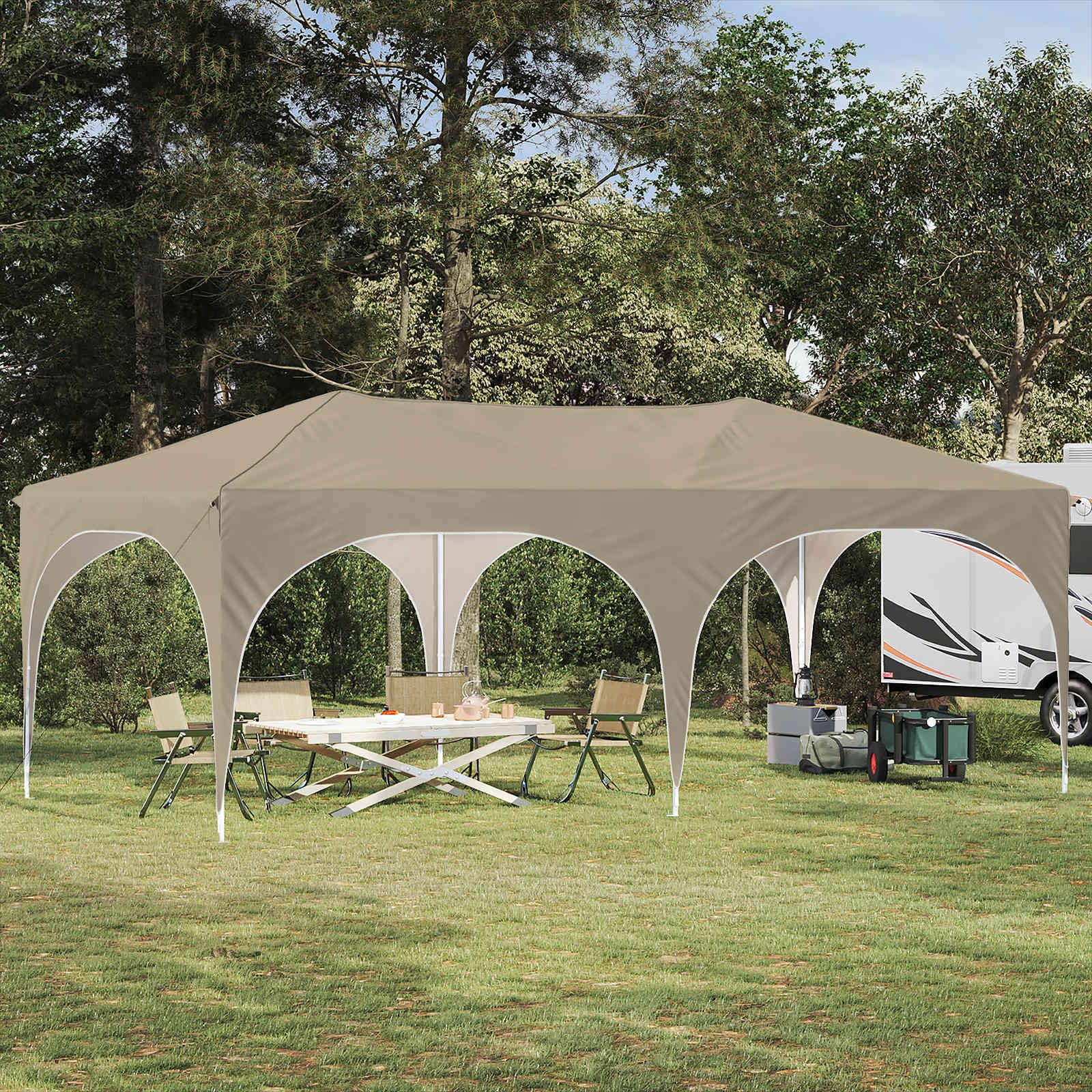 Namiot imprezowy Pop-up, kremowy materiał Oxford, 575 x 288 x 245 cm, z odpornym na warunki atmosferyczne zadaszeniem i stabilną metalową ramą, do ogrodu, na taras, wydarzenie, wesele