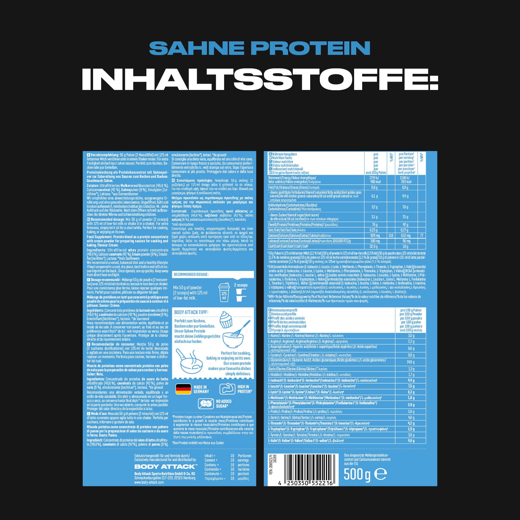Body Attack Sahne Protein 500 g | Protein Sahne Alternative zum Backen & Kochen, für Saucen & Desserts, Whey & Casein Protein mit Laktase, ohne Zuckerzusatz