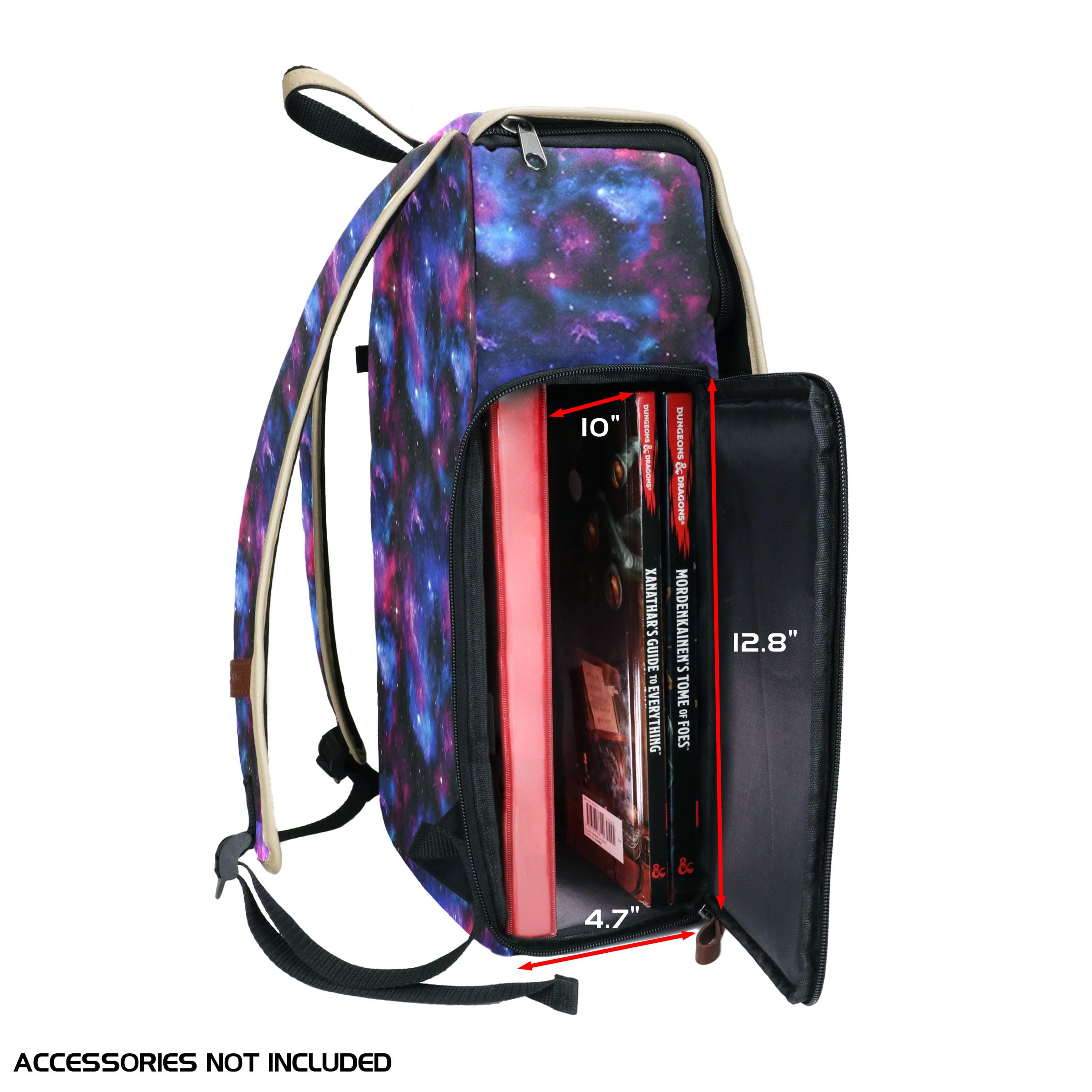 ENHANCE Designer Edizione DnD Zaino - Elegante Zaino per Giochi di Ruolo Dungeons and Dragons - Borsa da Viaggio DnD per 4 Libri e Racoglitore con Contenitore per Miniature, Comode Tracolle (Galassia)