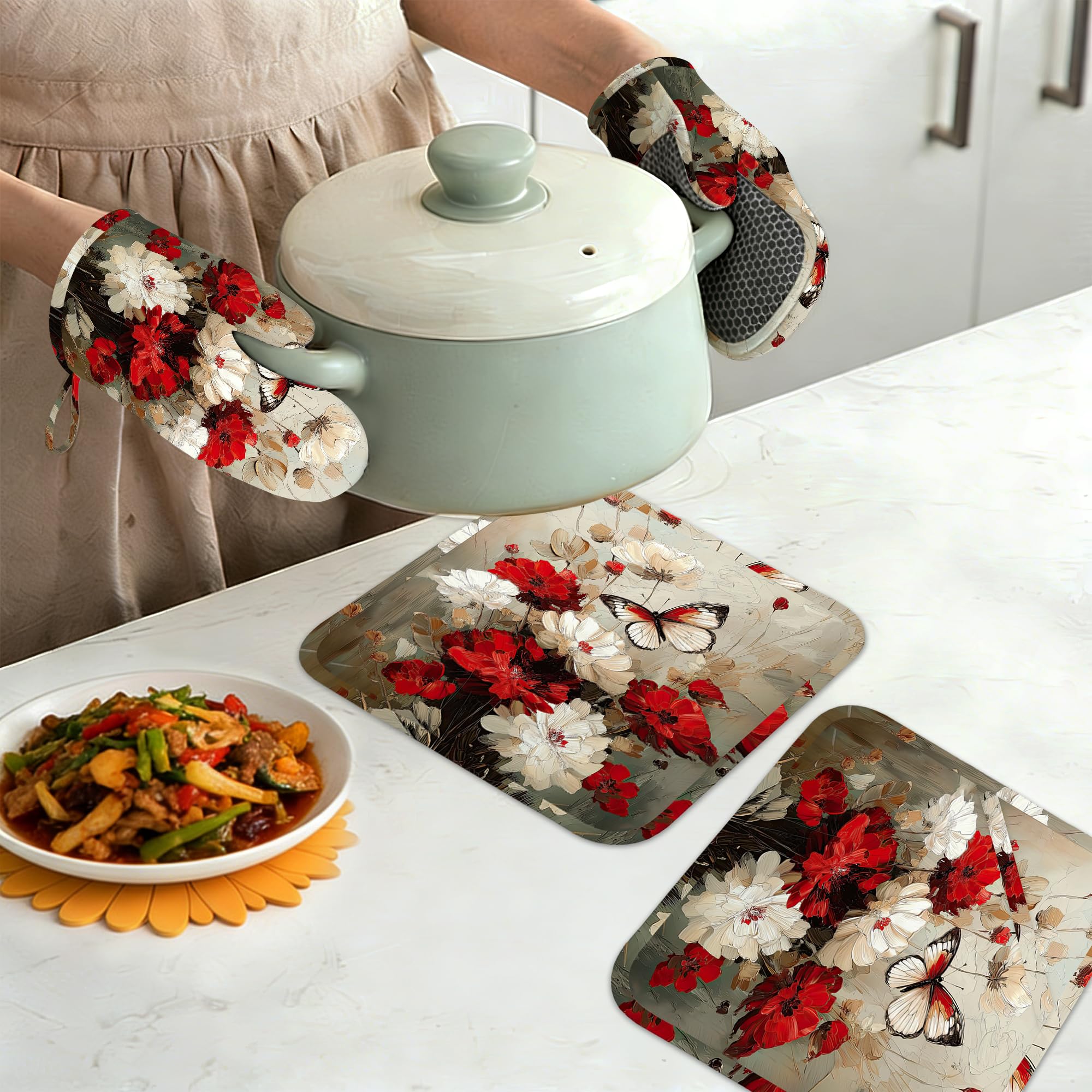 Ofenhandschuhe und Topflappen, Silikon, Weiß, Rot, Blume, Küchenzubehör, Set mit 4 hitzebeständigen Handschuhen, Schmetterlings-Topflappen, rutschfester Griff für Koch, Kochen, Backen, Grillen, BBQ