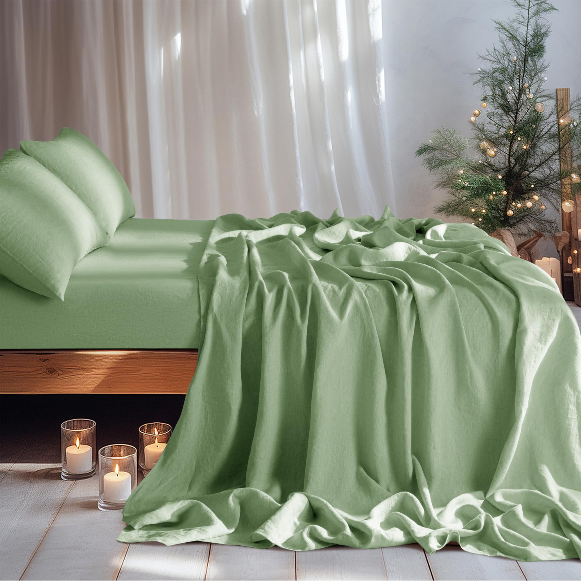 LBRO2M 100% Linen Sheet Set Deep Pocket Fit Up to 19" Bed Sheets Sets, Natural Flax Beddings Soft, Breathable, Comfortable for All Year Round 4 Pcs Sheet Set (Queen, Green)