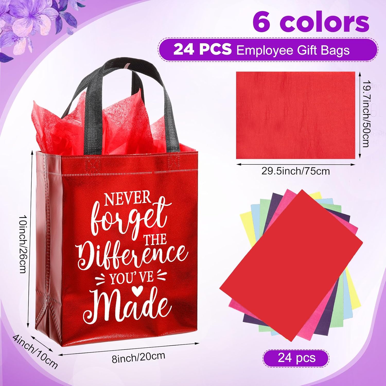 Tellingyou 24 Pieces Employee Appreciation Gift Bags Thank You Reusable Gift Bags with Tissues 8 x 4 x 10 Inch for Teacher Coworker Employee - Image 3