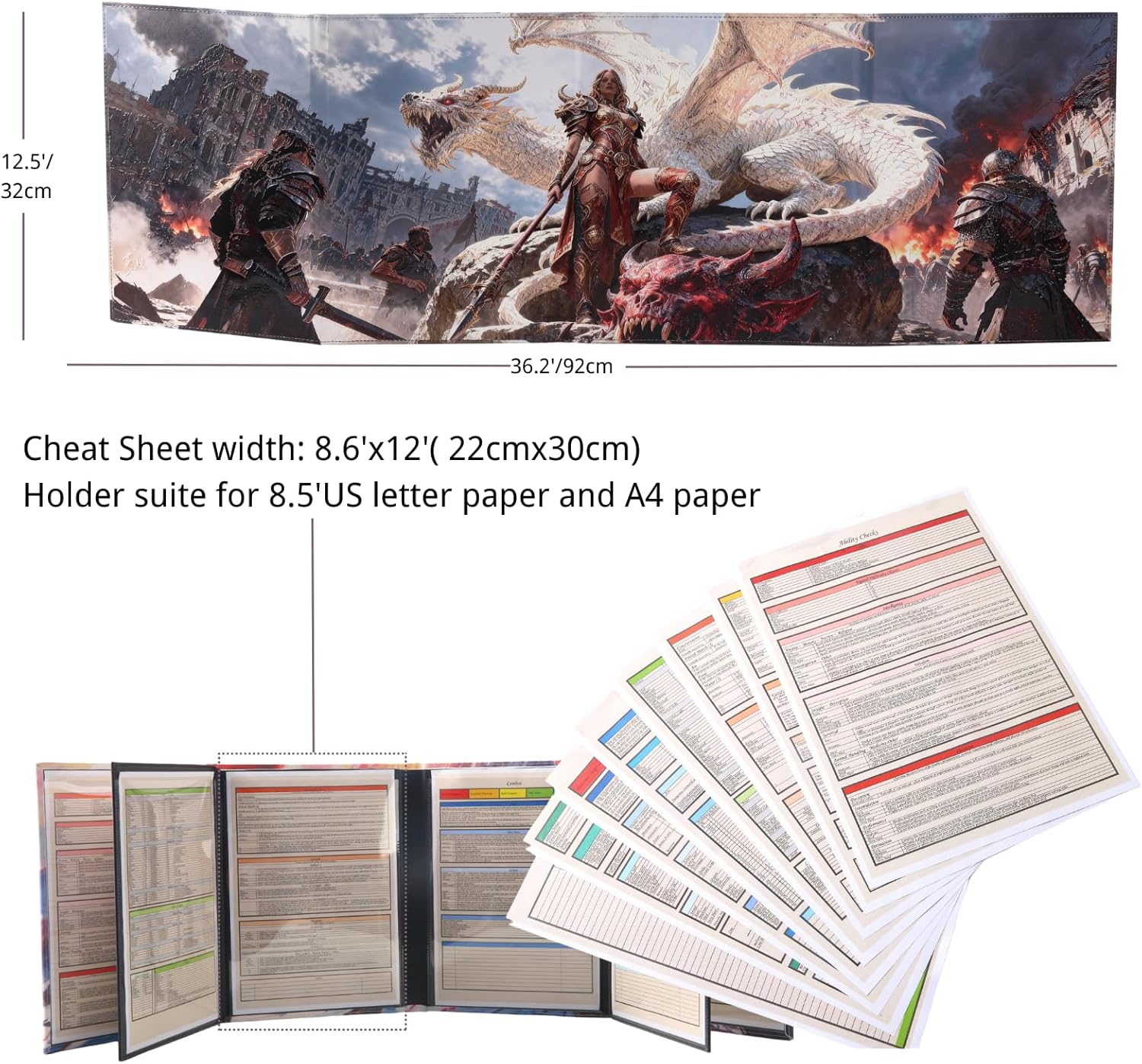 DND DM Screen Oil Painting Relief Effect Waterproof Fabric 8 Panels w/Wet Erase Pockets incl 2 Swingings and Cheat Sheet Dungeon Master Accessories Dungeons and Dragons 5e GM Screen D&D Terrain Gift