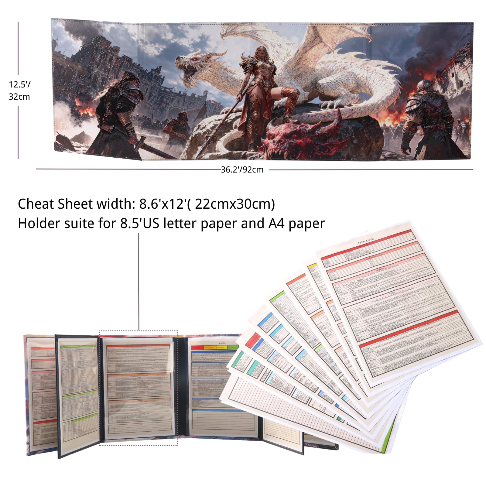 DND 5e DM ekran 8-panelowy sztuczna skóra deluxe z kołyszącymi się kieszeniami na mokro i Dungeon Master Cheat Sheets Dungeons and Dragons GM Terrain Accessories D&D prezent dla mistrzów gier TTRPG