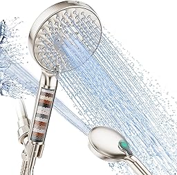 SR Sun Rise Filtered Shower Head with Handheld, High Pressure 9 Spray Mode Brushed Nickel Showerhead with Filters, Detachable Shower Head,Water Softener Filters Beads for Hard Water - Remove Chlorine