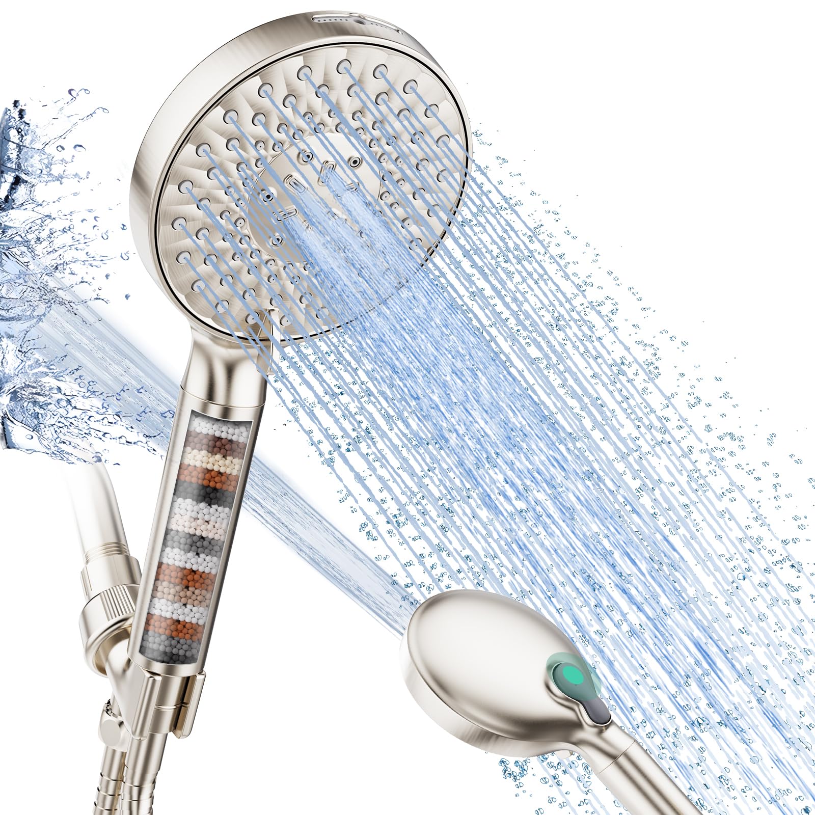SR SUN RISE Filtered Shower Head with Handheld, High Pressure 9 Spray Mode Brushed Nickel Showerhead with Filters, detachable shower head,Water Softener Filters Beads for Hard Water - Remove Chlorine