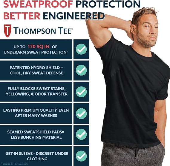 Men's Cotton Sweatproof Undershirt, Odor & Sweat Blocking, Crew Neck