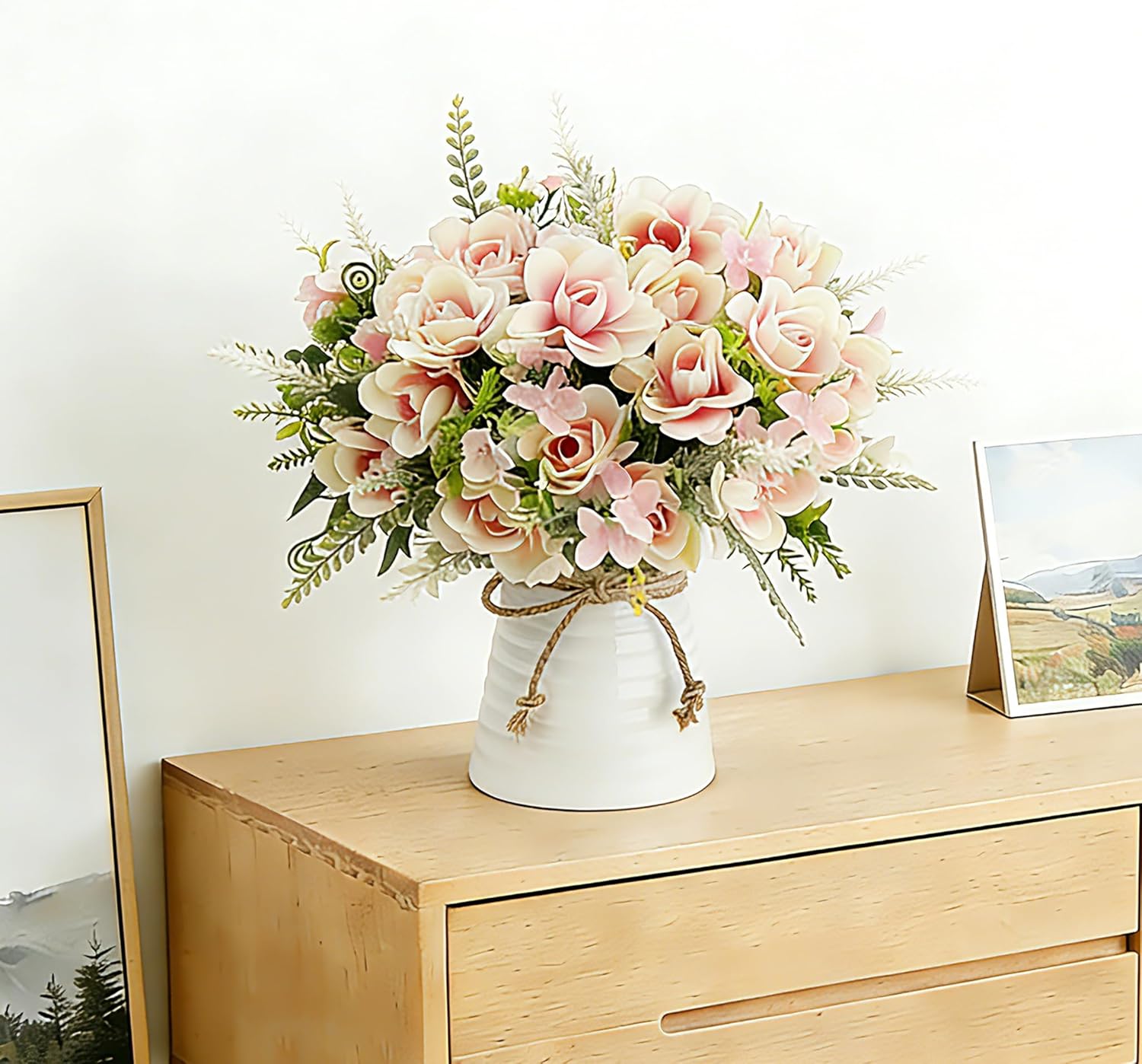 LESING Artificial Flowers with Vase for Table Centerpieces,Fake Silk Gardenia Flower in Vase Decoration for Home Office Party (Pink)