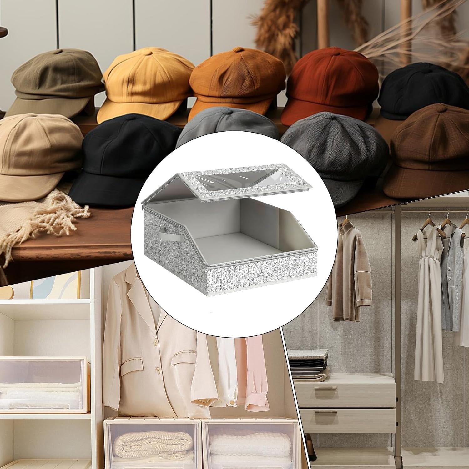 Hat Storage Container – Large Capacity Lid Bin, Durable Fabric Sorting Box, Space-Saving Closet Organizer | Home Studio Dresser Cabinet Dorm Shelf for Family Friends Accessories Scarves Gloves