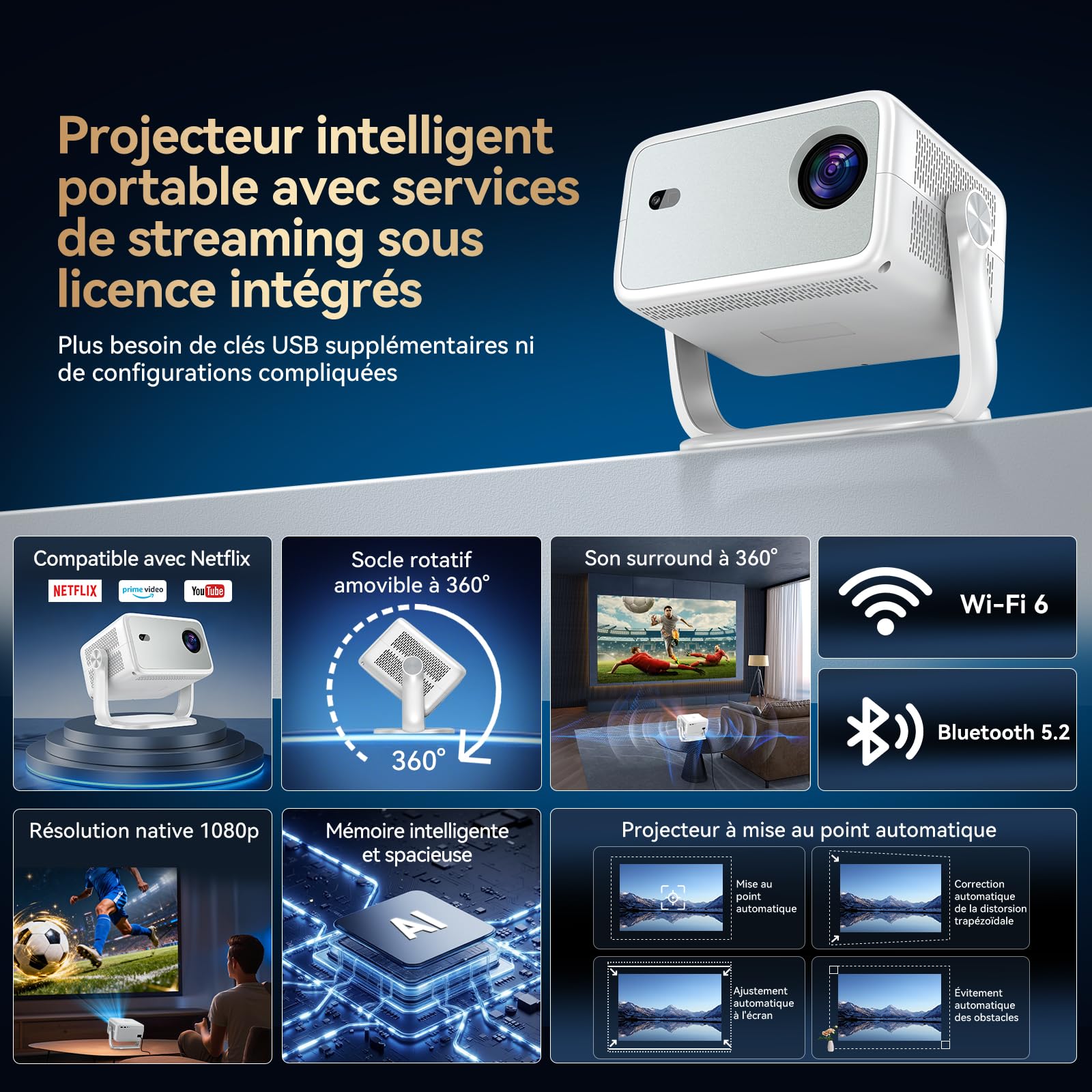 Vidéoprojecteur 4K 【Compatible avec Netflix/App intégrée】 Rotation à 360° Mini Projecteur Video Wi-FI 6 & Bluetooth 5.2 Auto Focus/Keystone 1080P Videoprojecteur Portable - Cadeau/Home Cinéma
