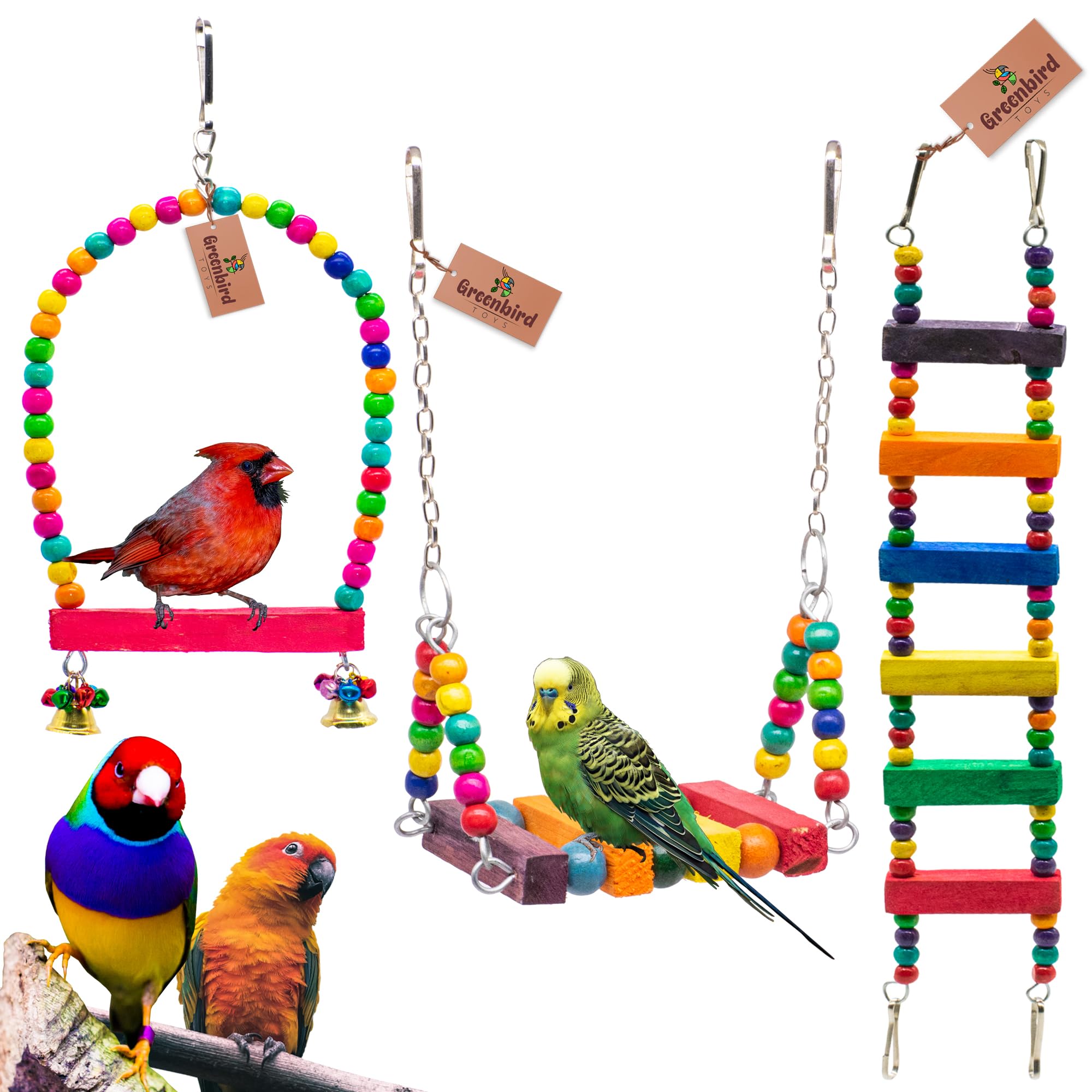 GREENBIRDS Toys Combo of 3 Pcs Include Colorful Wooden Swing, Bird Ladder, Perches Hanging Bird Toys, Parrot Toys Cage Accessories Training Aid, Perch for Bird & Parrot-image-37