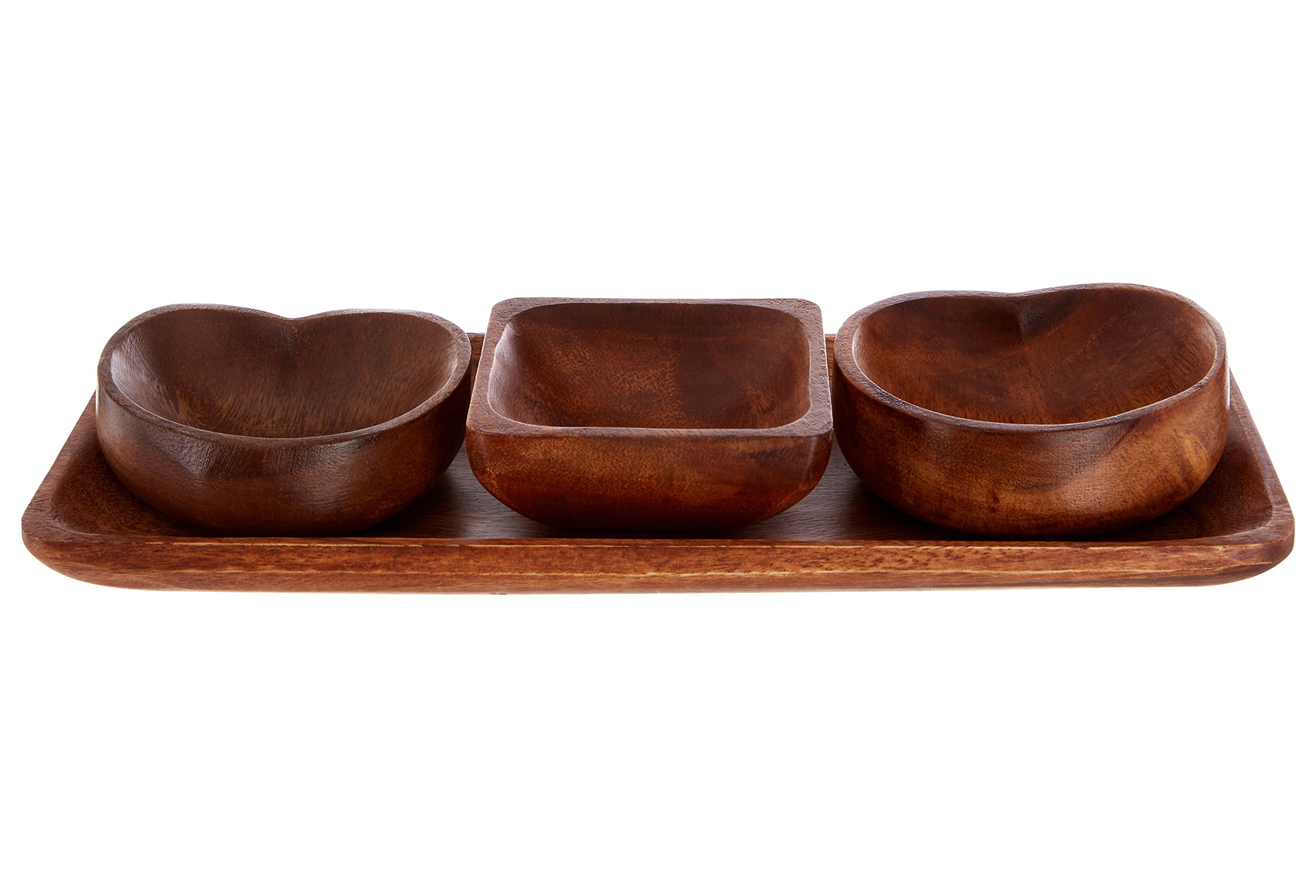 Interiors by PH Serving Dish Set - Acacia Wood - 4 Piece - Heart & Square Dishes with Tray