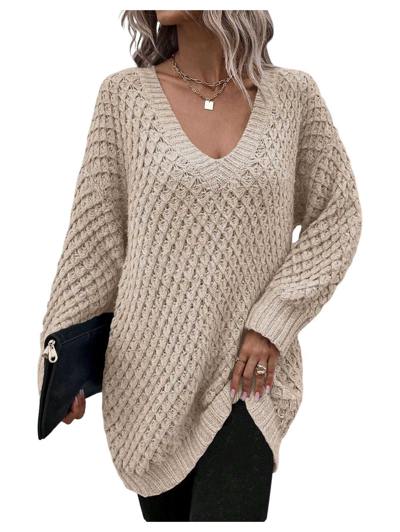 SOLY HUX Womens Oversized Sweater V Neck Long Sleeve Pullover Shirts Casual Fall Tops