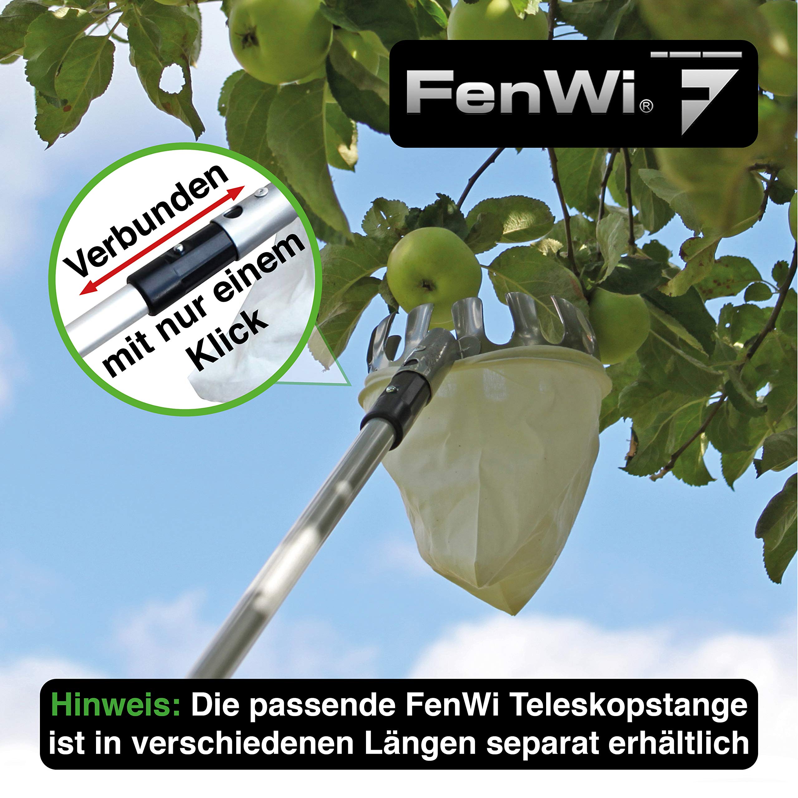FenWi Apfelpflücker Obstpflücker zur Obsternte als Zubehör und Solo Anbaugerät für Teleskop-Sets und Teleskopstangen
