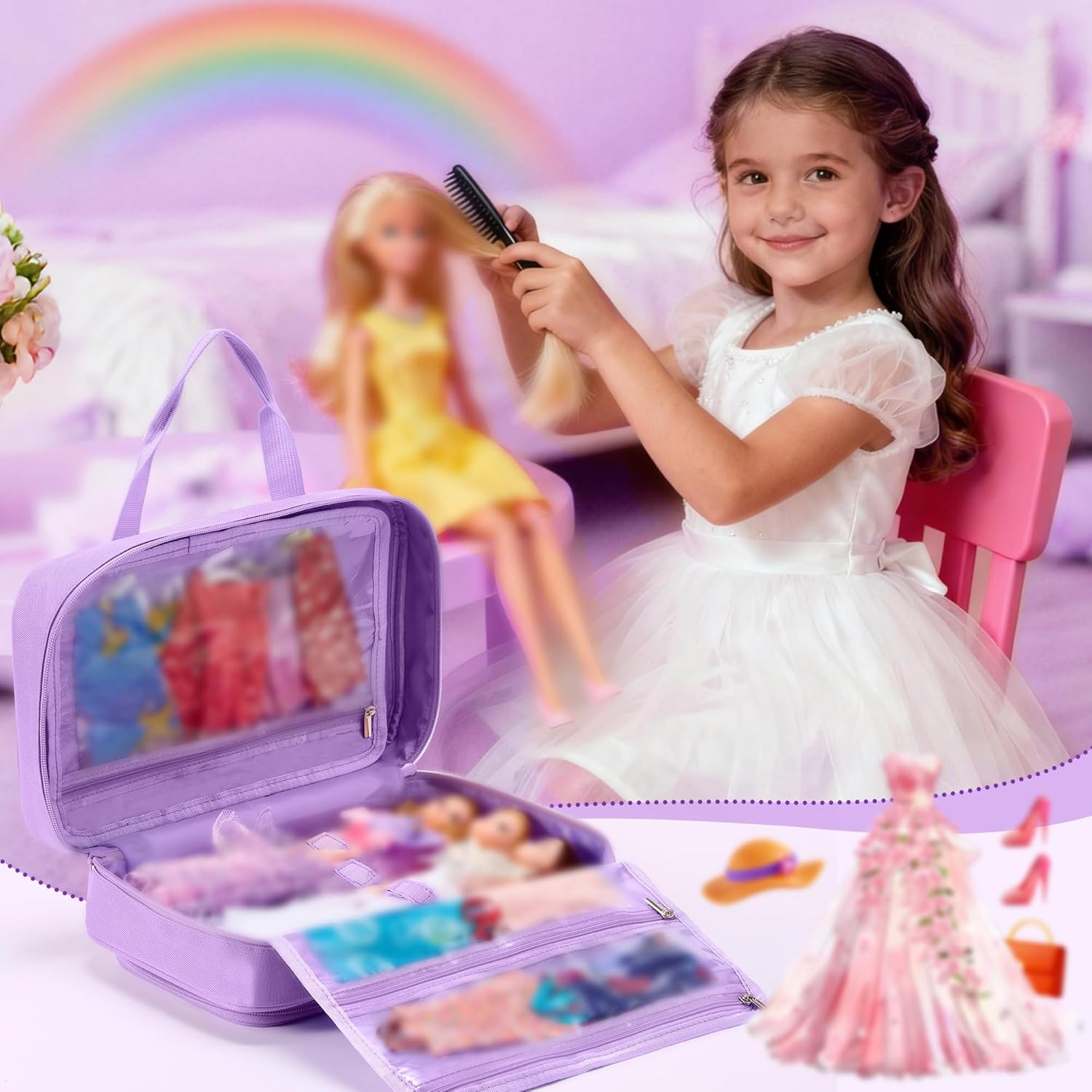 Carrying Case Compatible with Barbie Dolls 12-Inch, Storage Organizer Holder with Handle for up to 6 Dolls, Multiple Pockets for Clothes & Accessories,Travel Portable Storage Bag,Purple