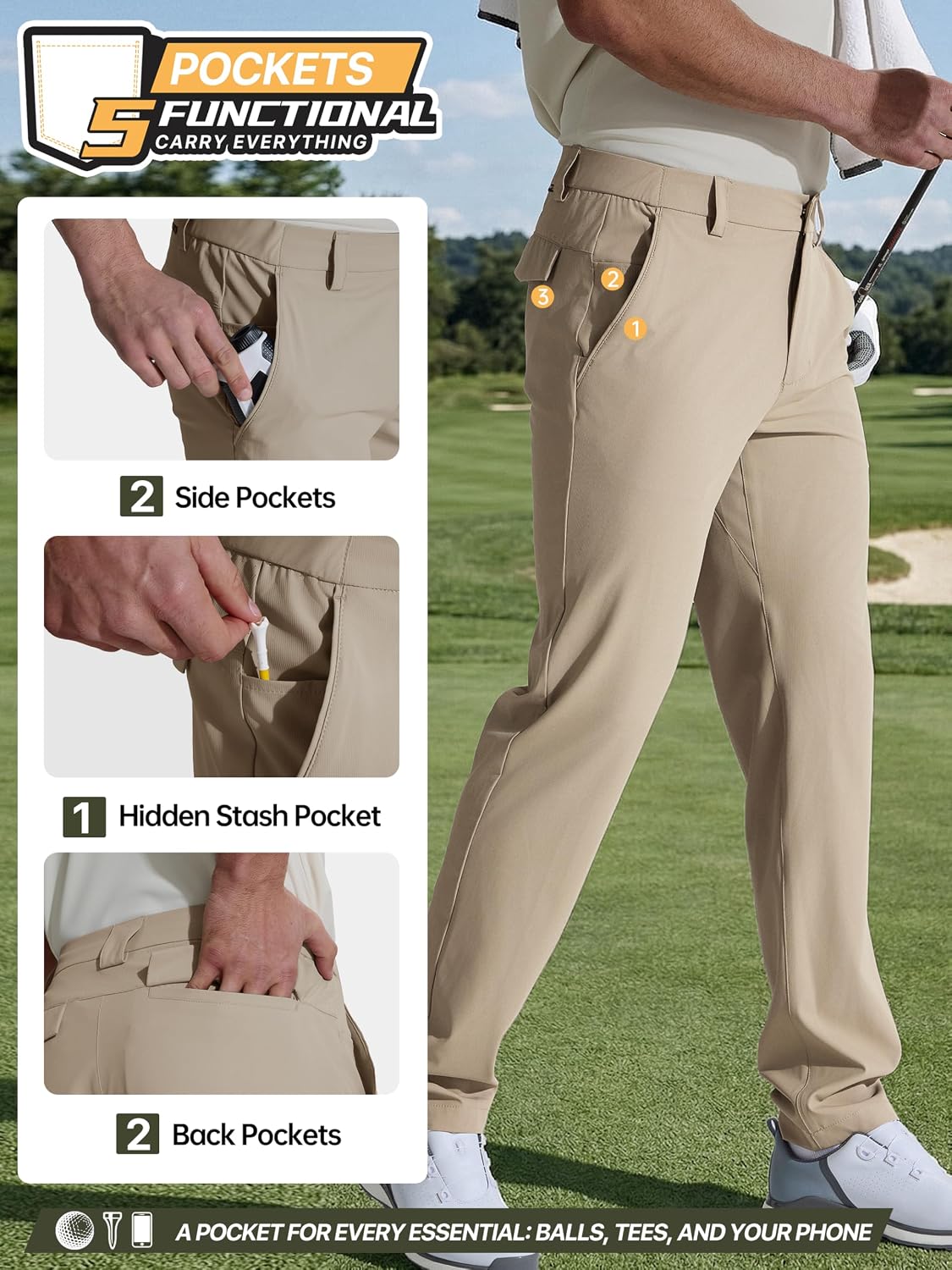 FREE SOLDIER Mens Golf Pants Classic Fit Stretch Quick Dry Dress Pants 5 Pockets Water-Resistant Casual Trousers