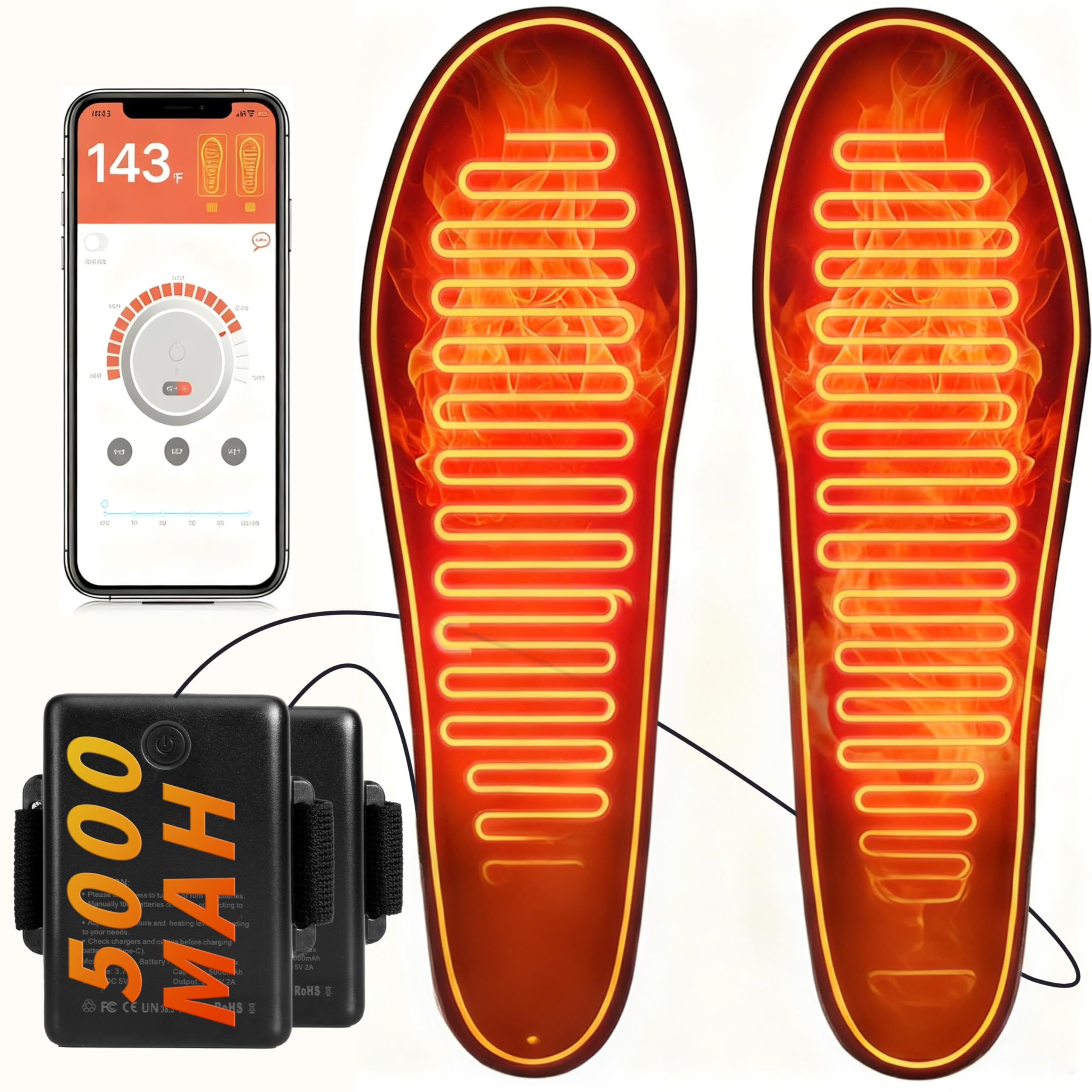 Heated Insoles for Men Women, Rechargeable Electric Foot Warmers,5000mAh Battery Toe Feet Warmer Boot, Washable Cut to Size Fit Thermal Shoe Inserts