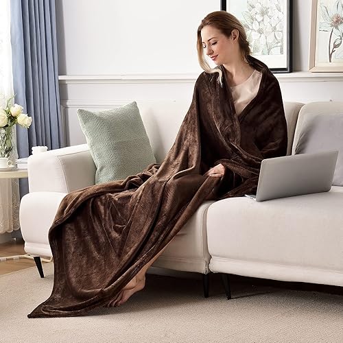 Miniatura 2 de SOCHOW Manta de franela de forro polar, tamaño Queen, para todas las estaciones, ligera, súper suave y acogedora para cama o sofá, color marrón, 90