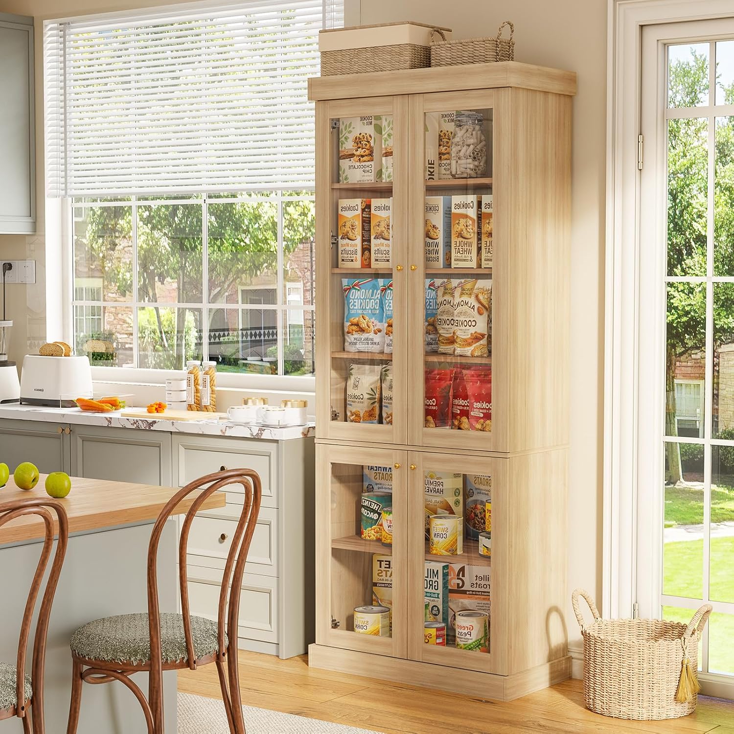 ivaniti 70.8" Tall Farmhouse Kitchen Pantry Cabinet with Glass Doors, Modular Storage Cabinet with 6-Tier Adjustable Shelves, Large Storage Cabinet for Kitchen or Living Room, Set of 3, Brown