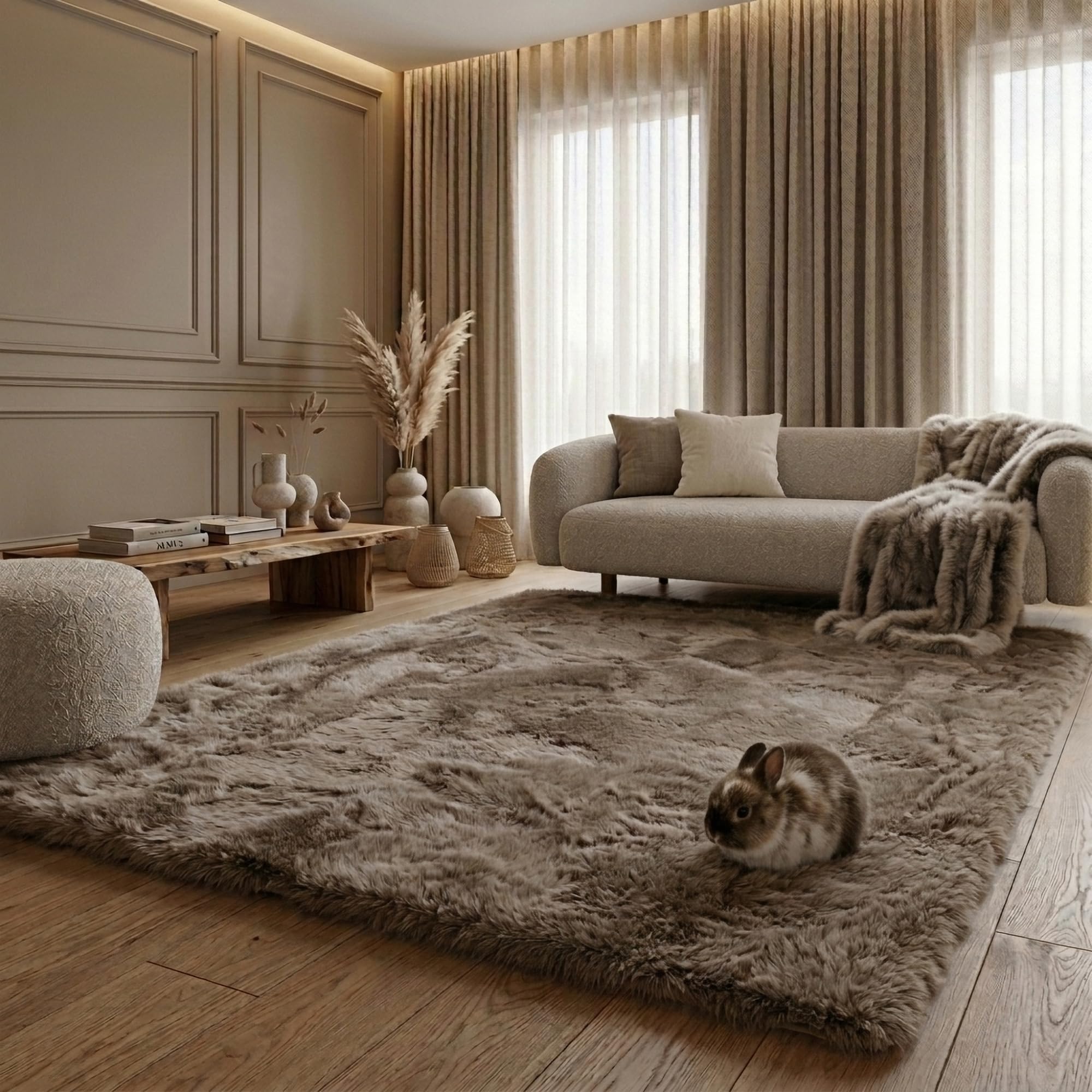 Heaven Fellteppich 230x340 Taupe Teppich Supersoft 50 mm Höhe Soft weich Hasenfell Imitat beige braun Wohnzimmerteppich Kinderzimmerteppich Küchenteppich Flurteppich