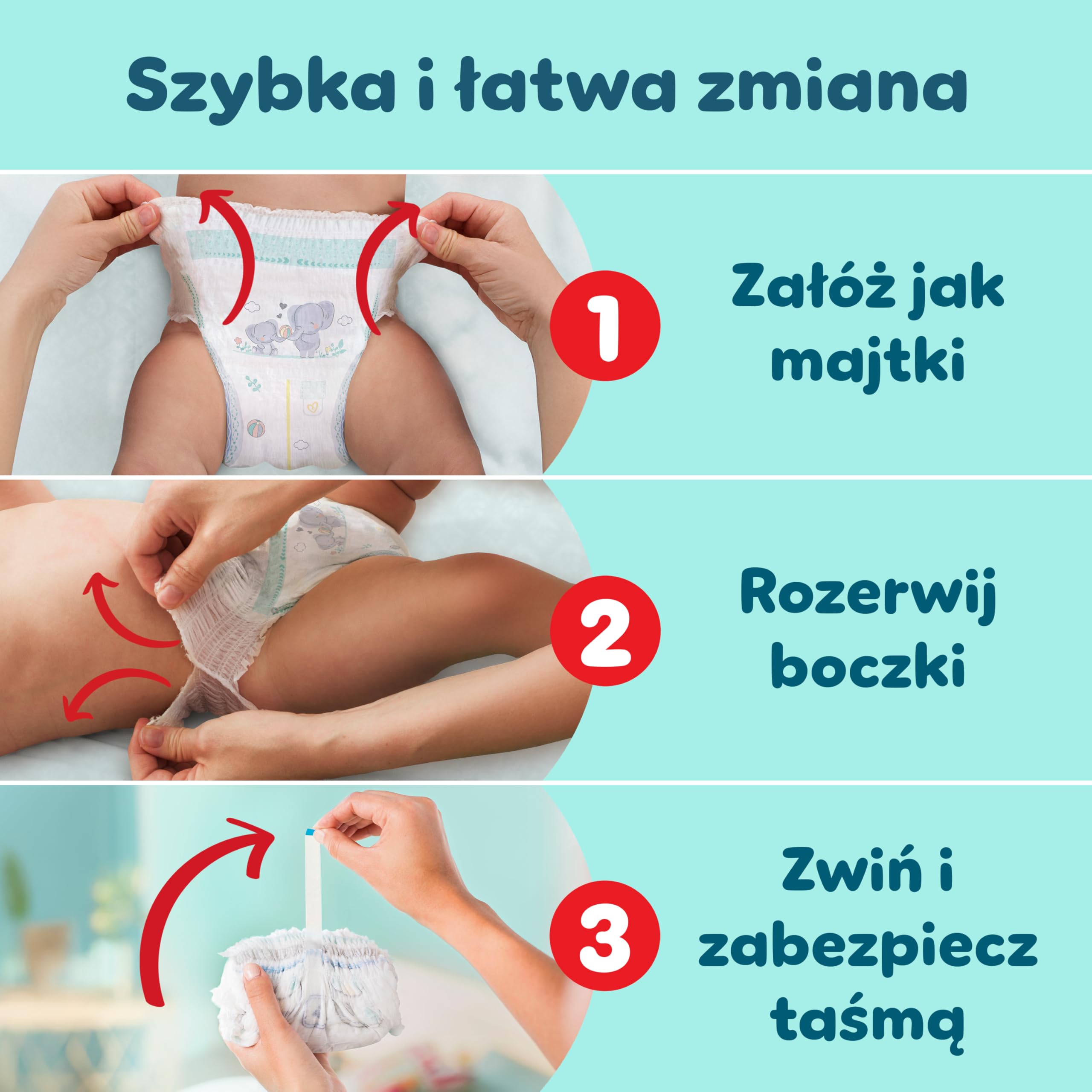 Pampers Premium Care Pieluchomajtki Rozmiar 6, 72 szt., 13kg-19kg, pełne dopasowanie 360° i miękkie osłonki wokół nogawek zapewniają największy komfort i najlepszą ochronę