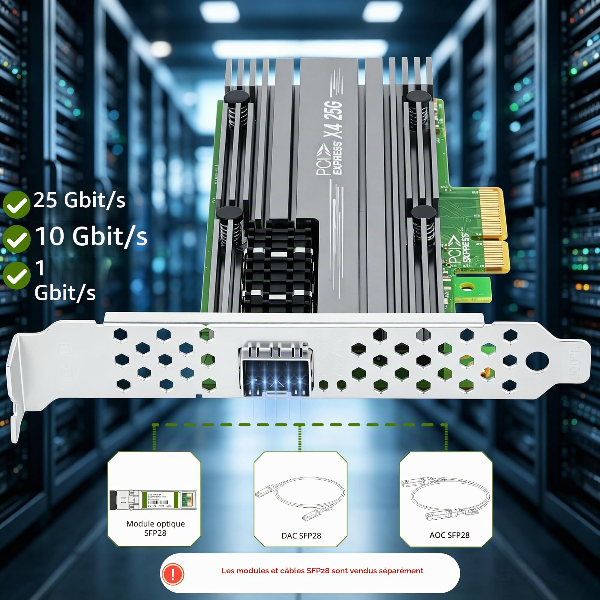 pour Mellanox ConnectX4 25Gb Adaptateur Serveur Ethernet, PCIe 3.0 X4, 1*SFP28 Port, RDMA, 25/10 / 1 Gbps, 25Gigabit NIC Support Windows Server/Windows/Ubuntu/Linux