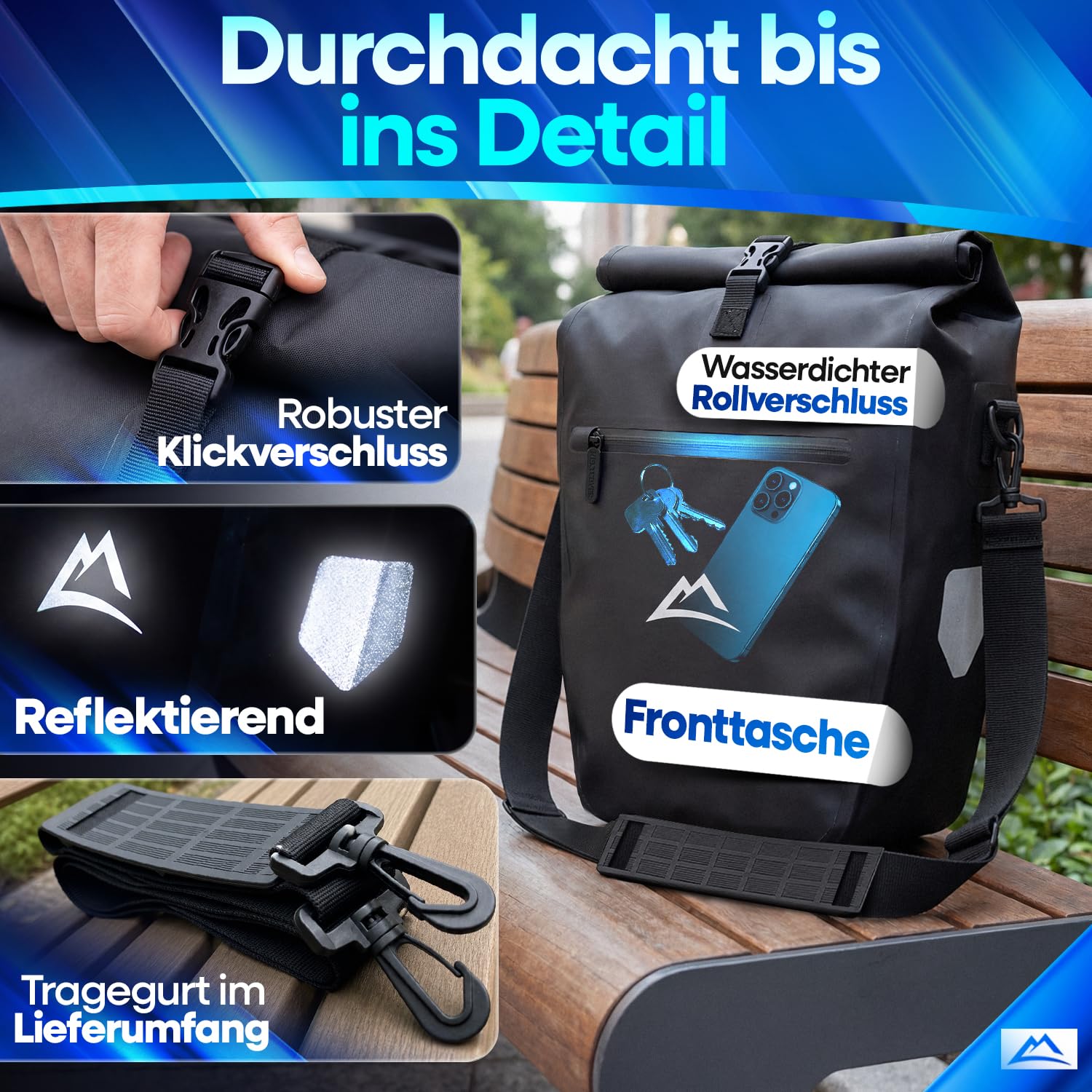 Nextcover® Fahrradtasche für Gepäckträger [AquaShield-TPU] I 100% wasserdichte Gepäckträgertasche mit klick-System & Rollverschluss I Reflektierende Fahrrad Tasche Inkl. Tragegurt, Fahrradtaschen
